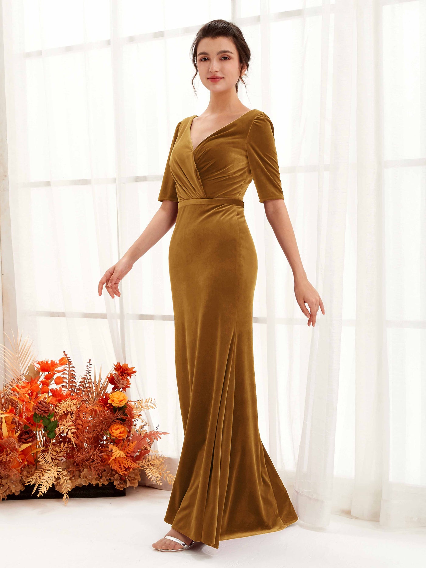 Burnished Gold Bridesmaid Dresses Bridesmaid Dress Mermaid/Trumpet Velvet V-neck Full Length 3/4 Sleeves Wedding Party Dress (80220216)#color_burnished-gold