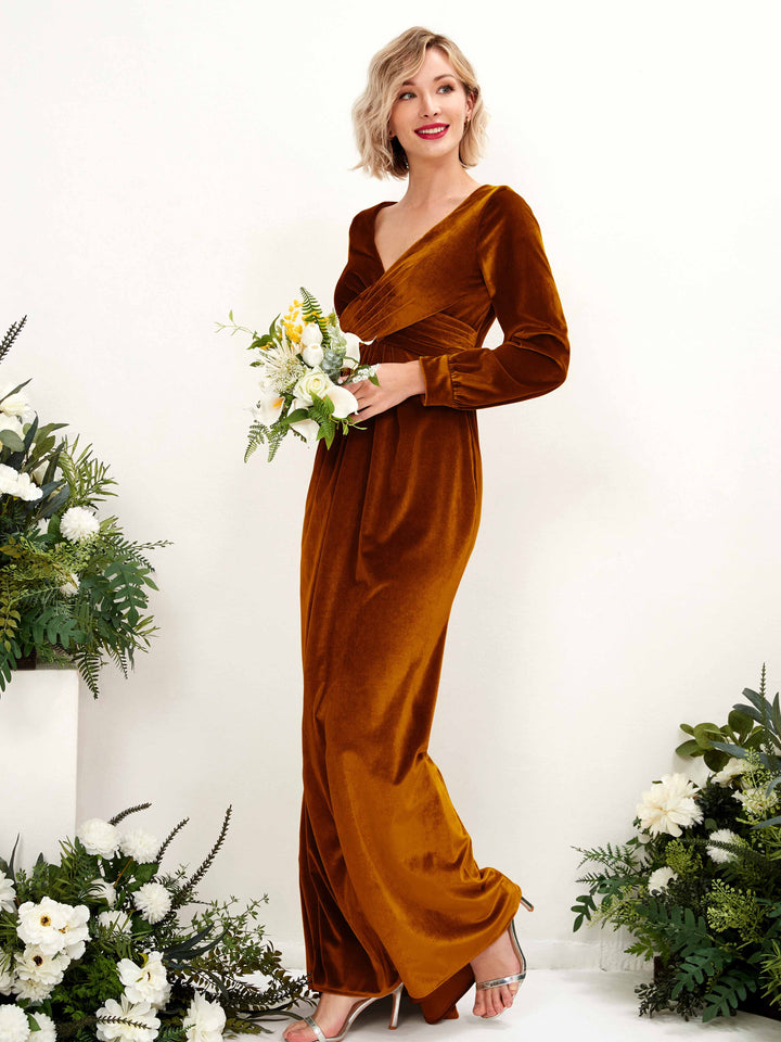 Burant Orange Bridesmaid Dresses Bridesmaid Dress Empire Waist Velvet V-neck Full Length Long Sleeves Wedding Party Dress (80222522)
