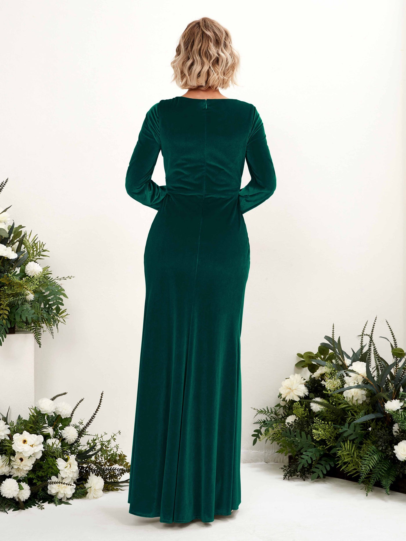 Hunter Green Bridesmaid Dresses Bridesmaid Dress Empire Waist Velvet V-neck Full Length Long Sleeves Wedding Party Dress (80222527)#color_hunter-green