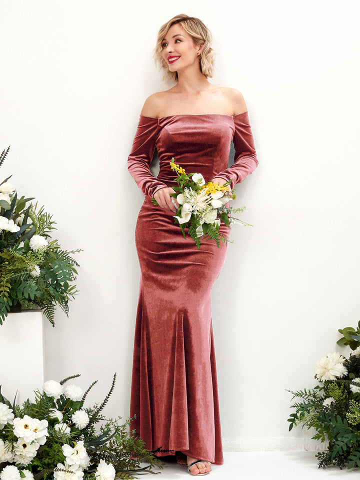 Dusty Rose Bridesmaid Dresses Bridesmaid Dress Mermaid/Trumpet Velvet Off Shoulder Full Length Long Sleeves Wedding Party Dress (80223531)