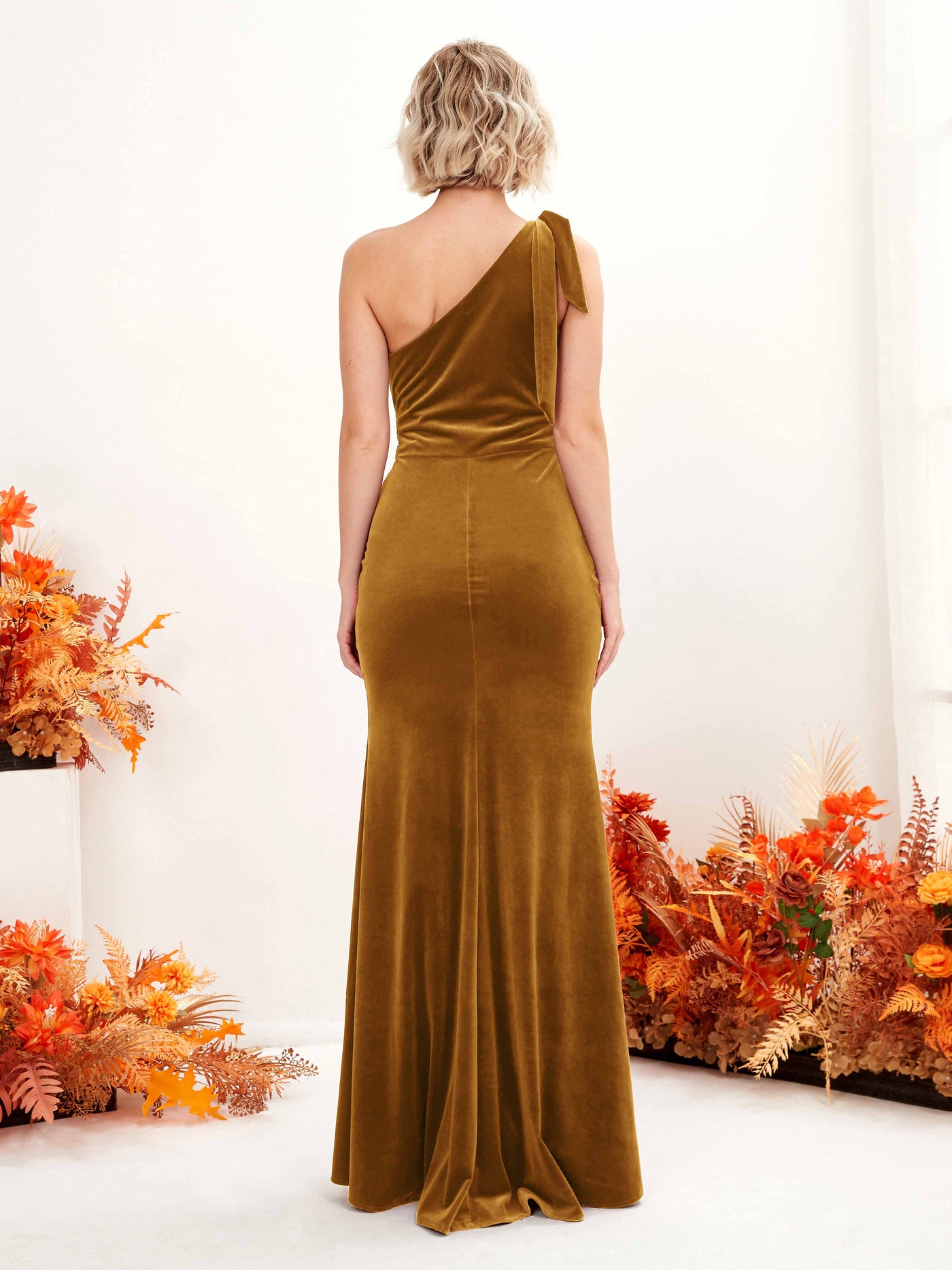 Burnished Gold Bridesmaid Dresses Bridesmaid Dress Mermaid/Trumpet Velvet One Shoulder Full Length Sleeveless Wedding Party Dress (80225016)#color_burnished-gold
