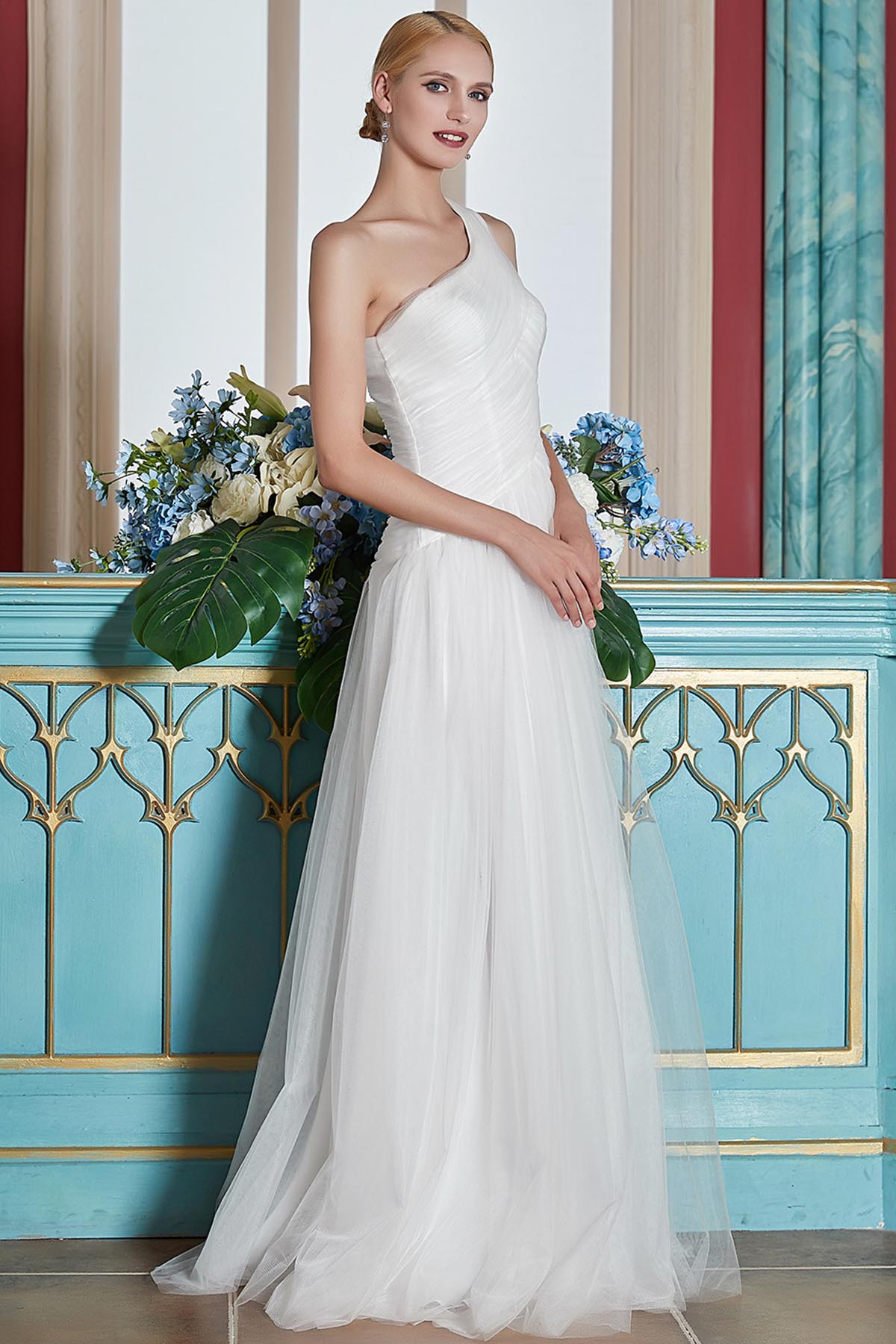 A-line One Shoulder Sleeveless Full Length Tulle Wedding Dresses
