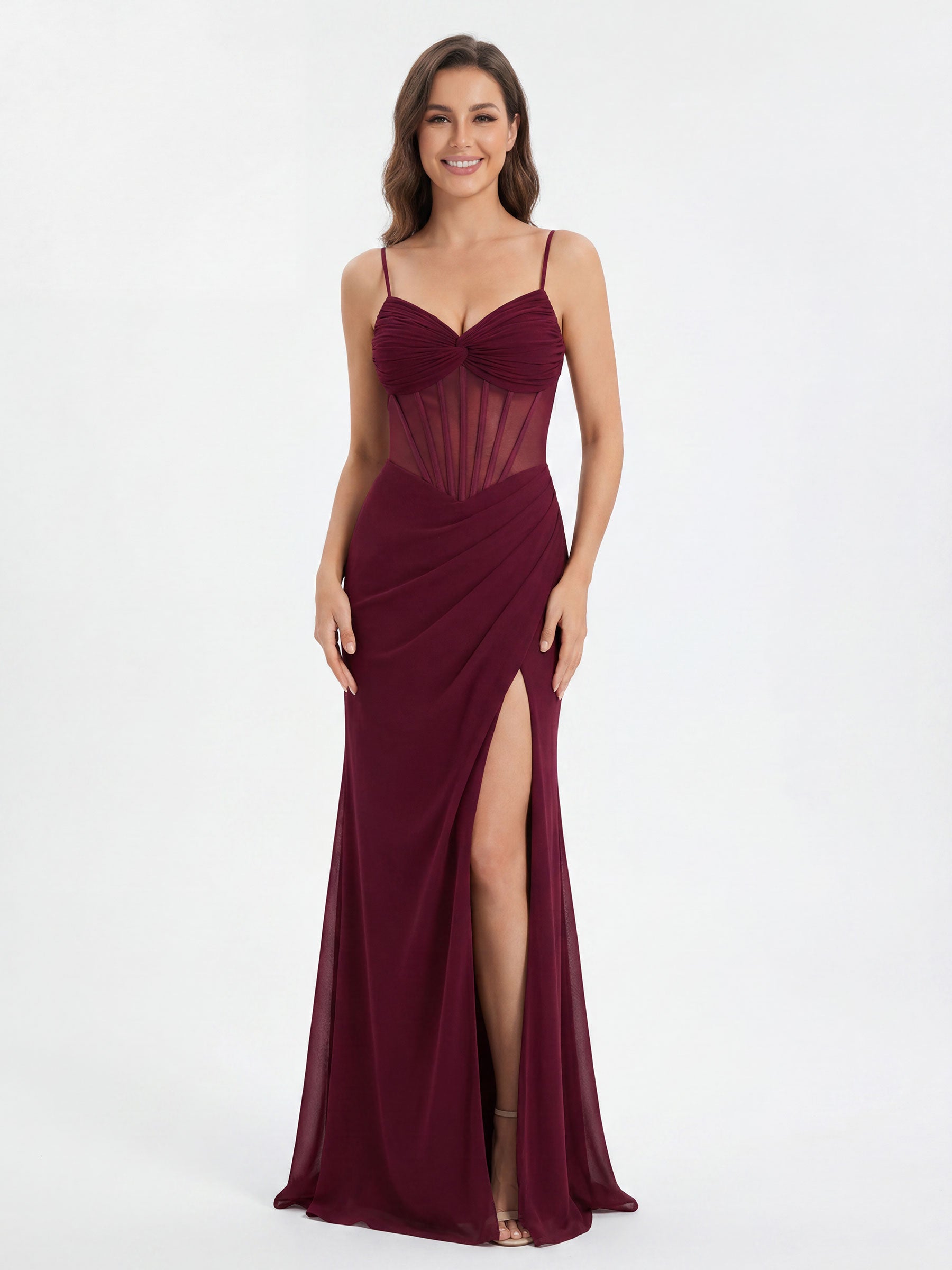 Burgundy Spaghetti Strap Sweetheart Lace-Up Back High Slit Gown – Carlyna