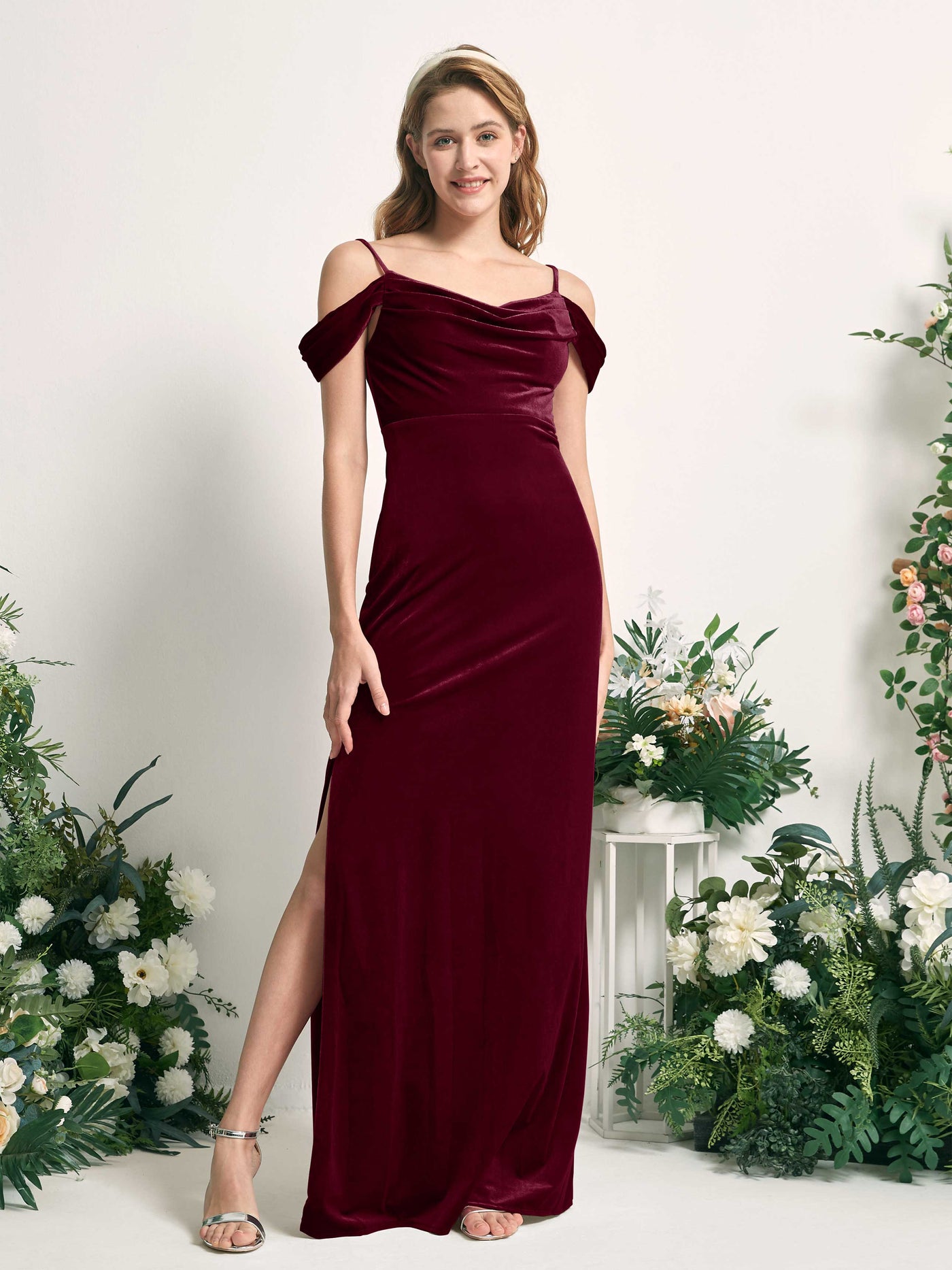 Burgundy Bridesmaid Dresses Mermaid/Trumpet Sexy Slit Off Shoulder Velvet Dresses (82220213)#color_burgundy