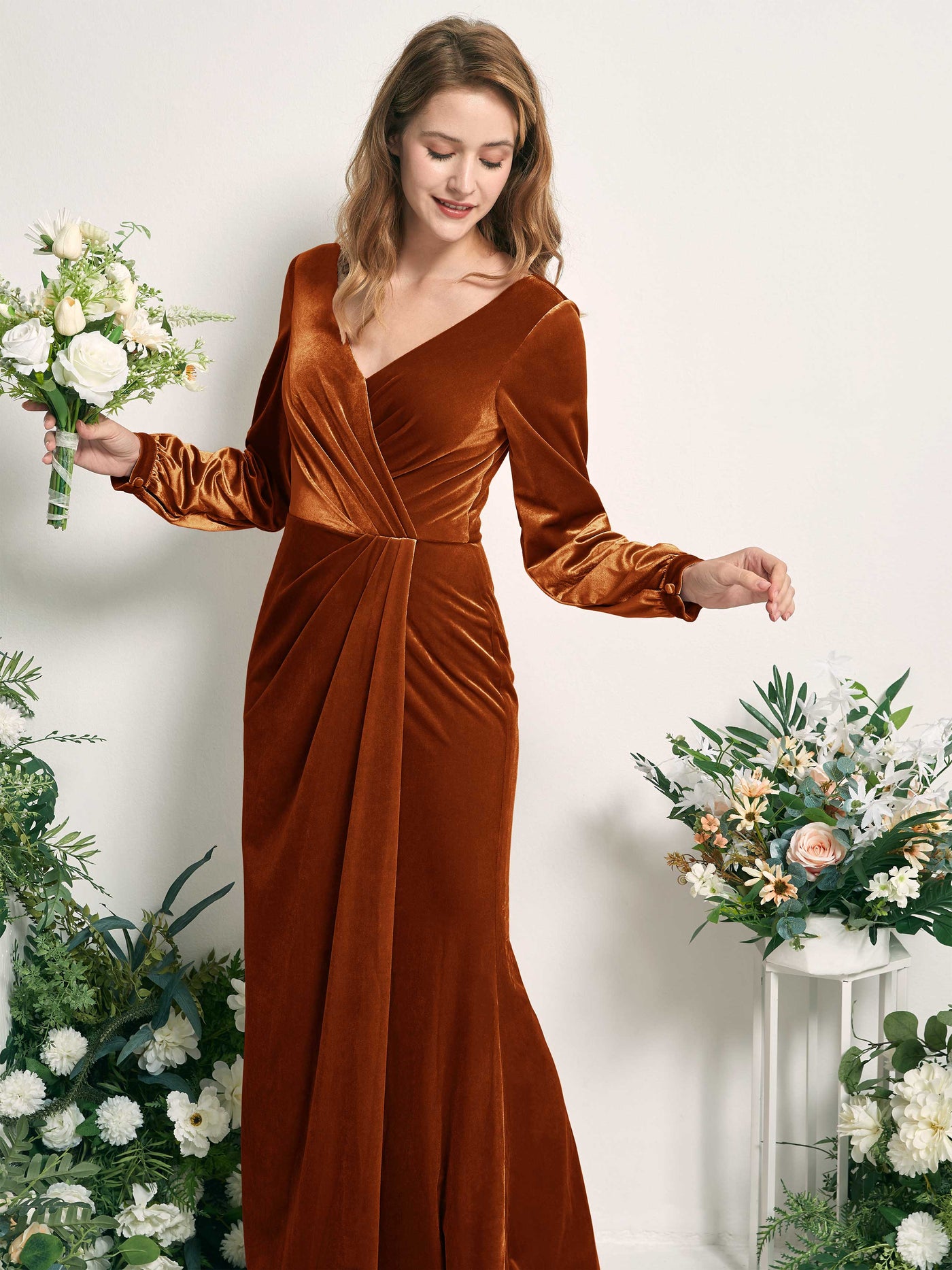 Burant Orange Bridesmaid Dresses A-line Sexy Slit V-neck Long Sleeves Velvet Dresses (82220122)#color_burant-orange