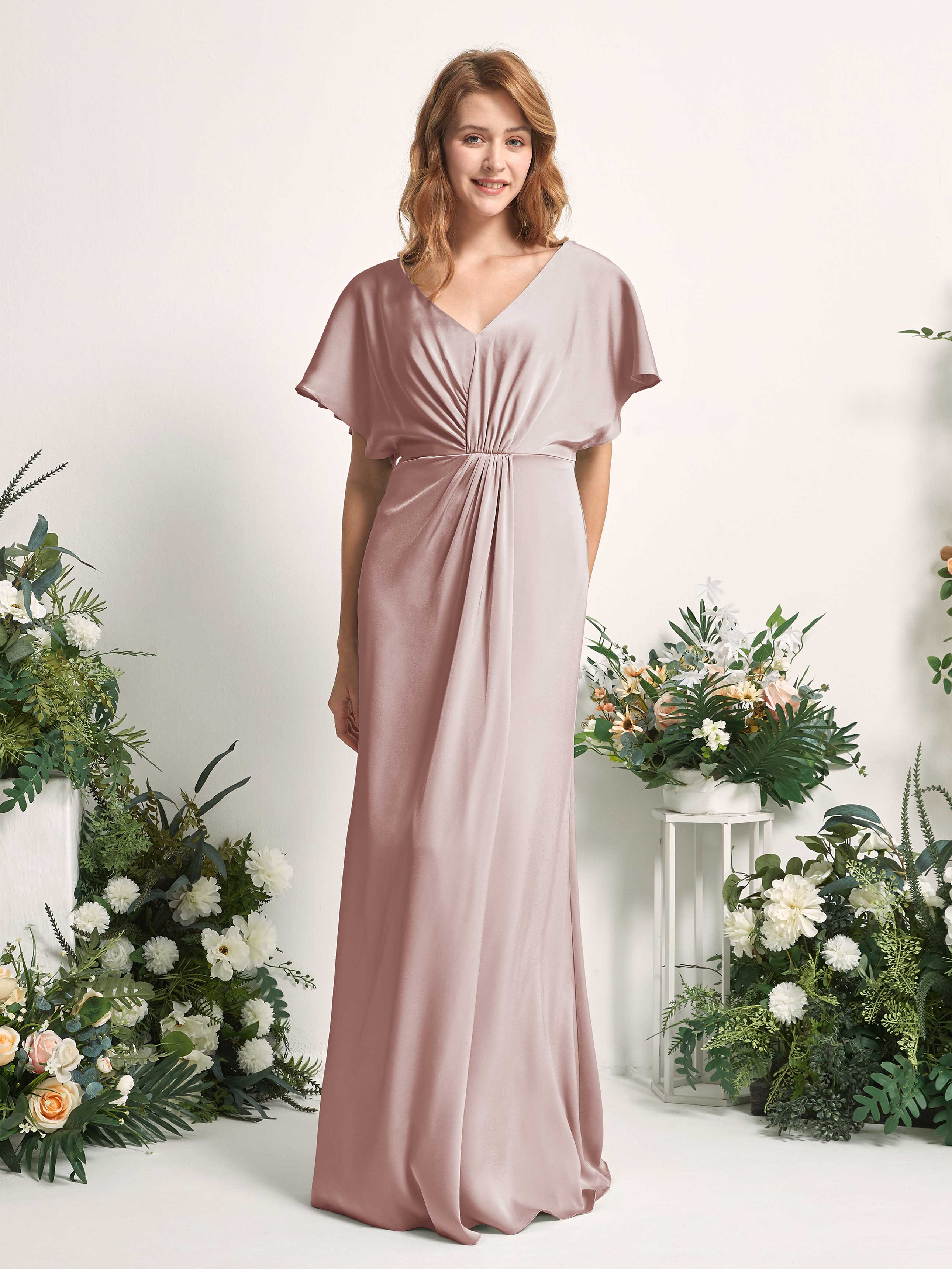Pearl Pink Satin V-Neck Bridesmaid Dress A-Line Floor-Length