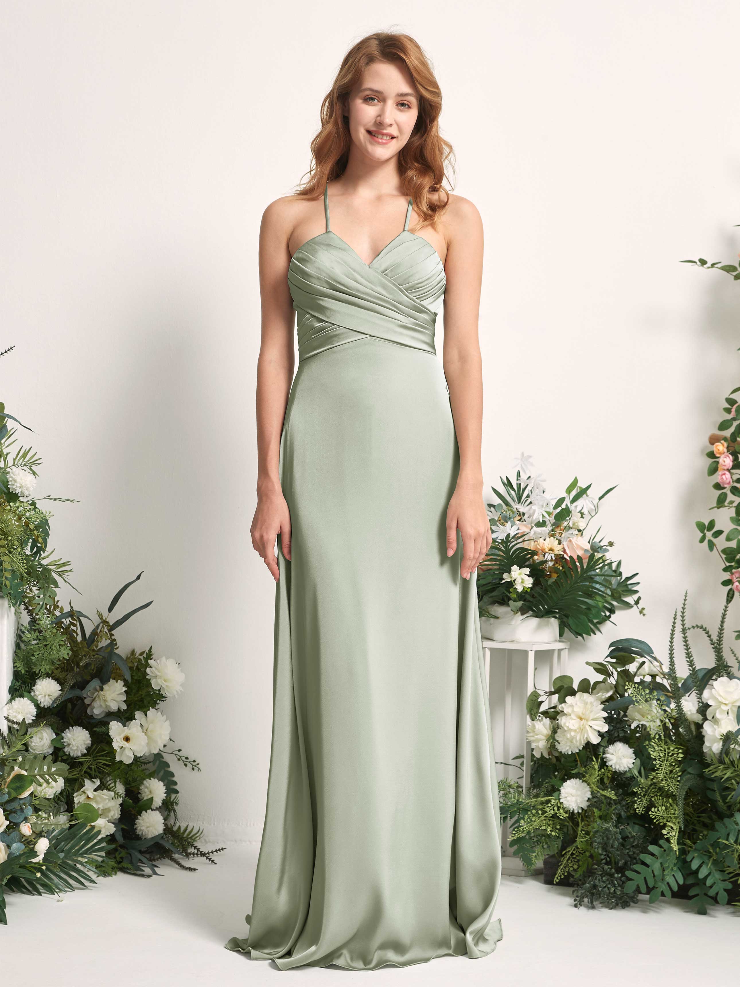 Sage Green Satin Bridesmaid Dress A-Line Maxi V-Neck