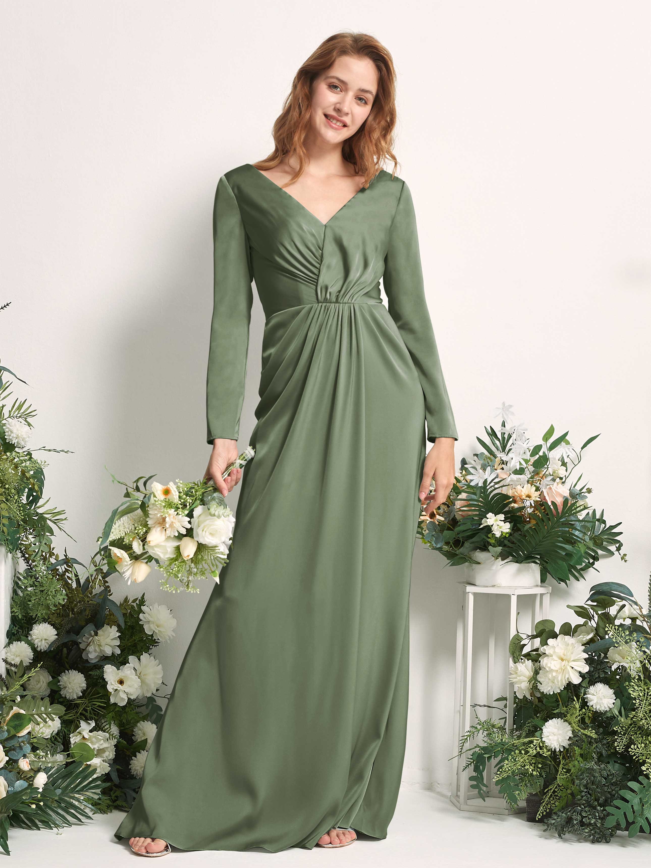 olive green bridesmaid dresses long sleeve Olive Green Sleeves Bridesmaid Dresses