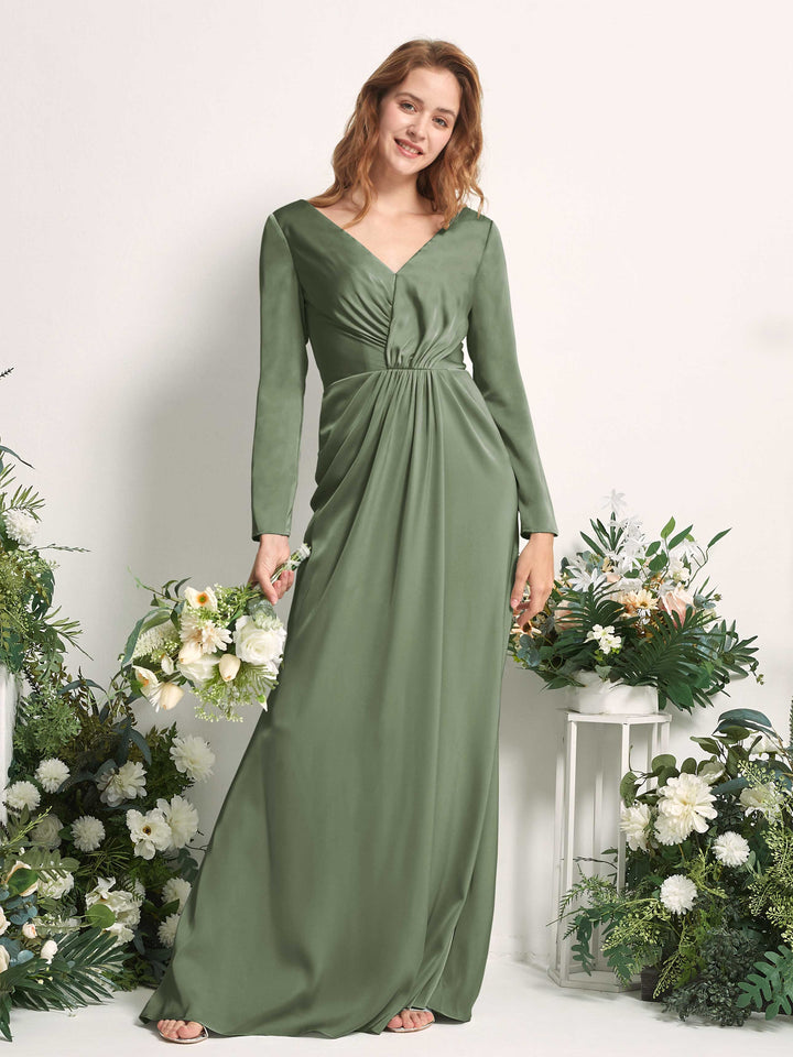 Green Olive Bridesmaid Dresses Bridesmaid Dress A-line Satin V-neck Full Length Long Sleeves Wedding Party Dress (80225870)