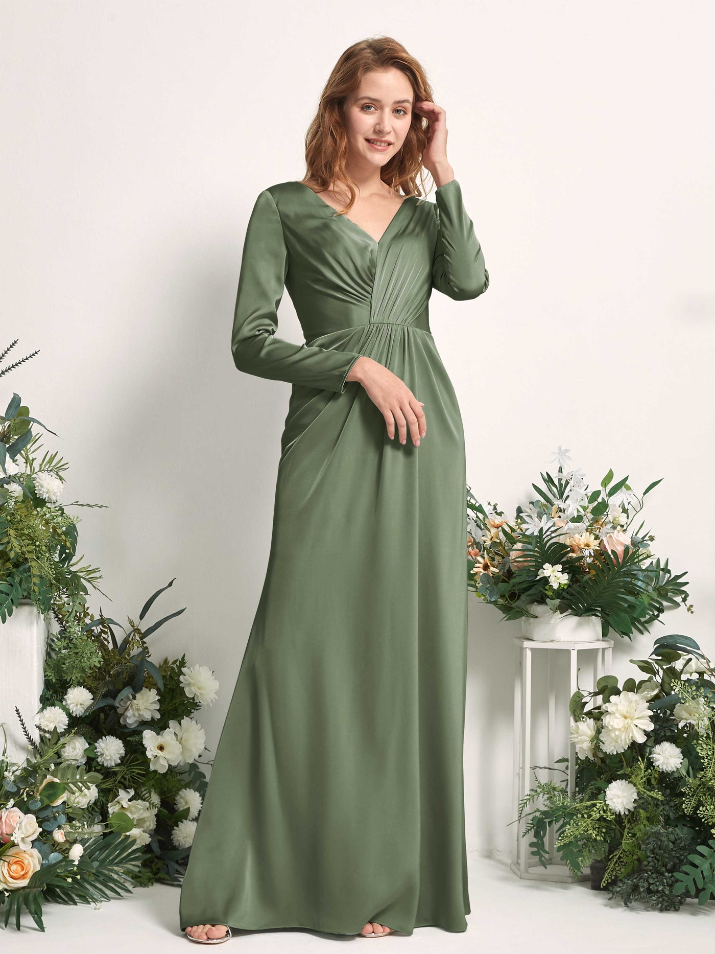 Green Olive Bridesmaid Dresses Bridesmaid Dress A-line Satin V-neck Full Length Long Sleeves Wedding Party Dress (80225870)#color_green-olive