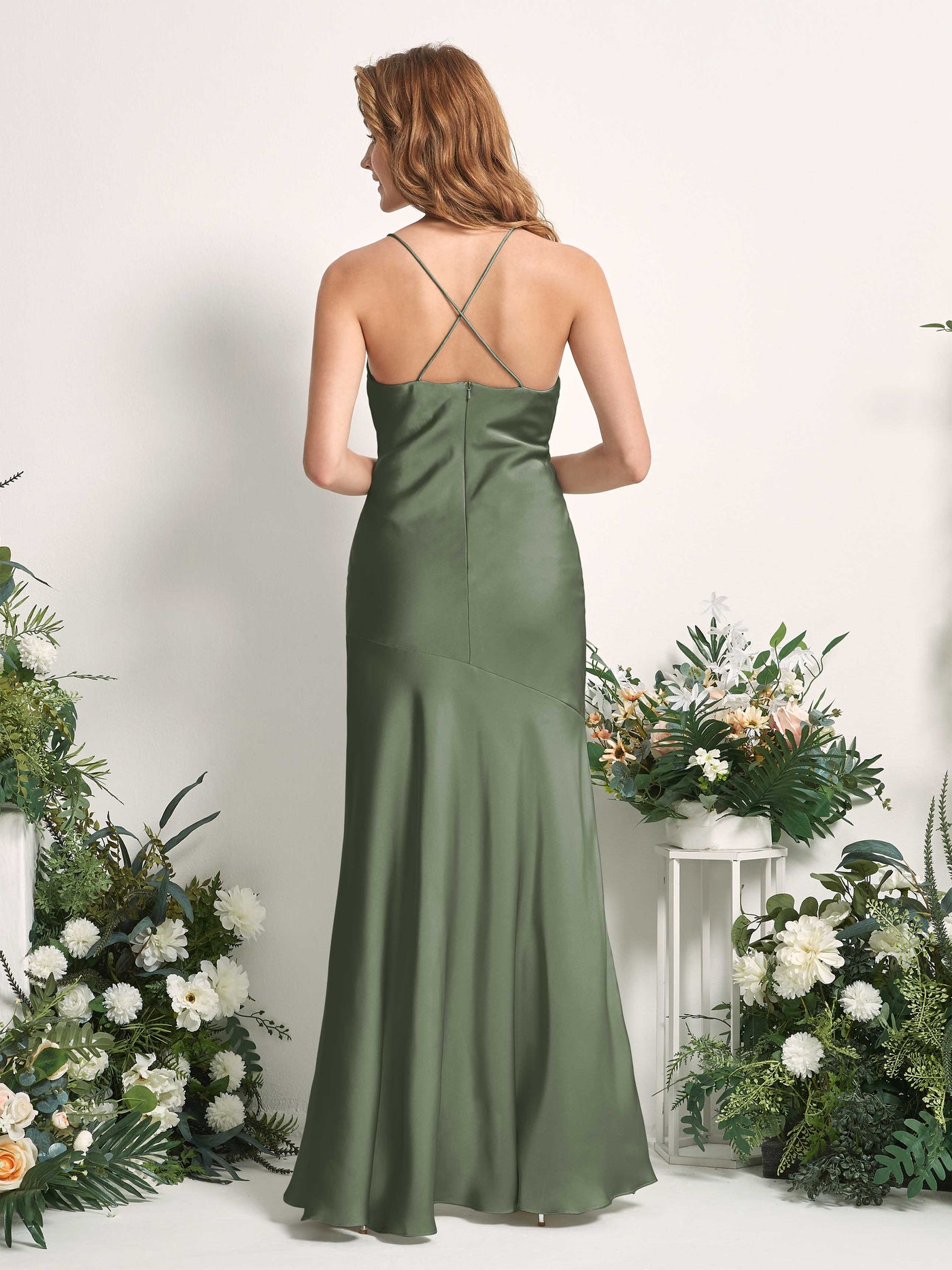 Green Olive Bridesmaid Dresses Bridesmaid Dress Mermaid/Trumpet Satin Spaghetti-straps High Low Sleeveless Wedding Party Dress (80226170)#color_green-olive