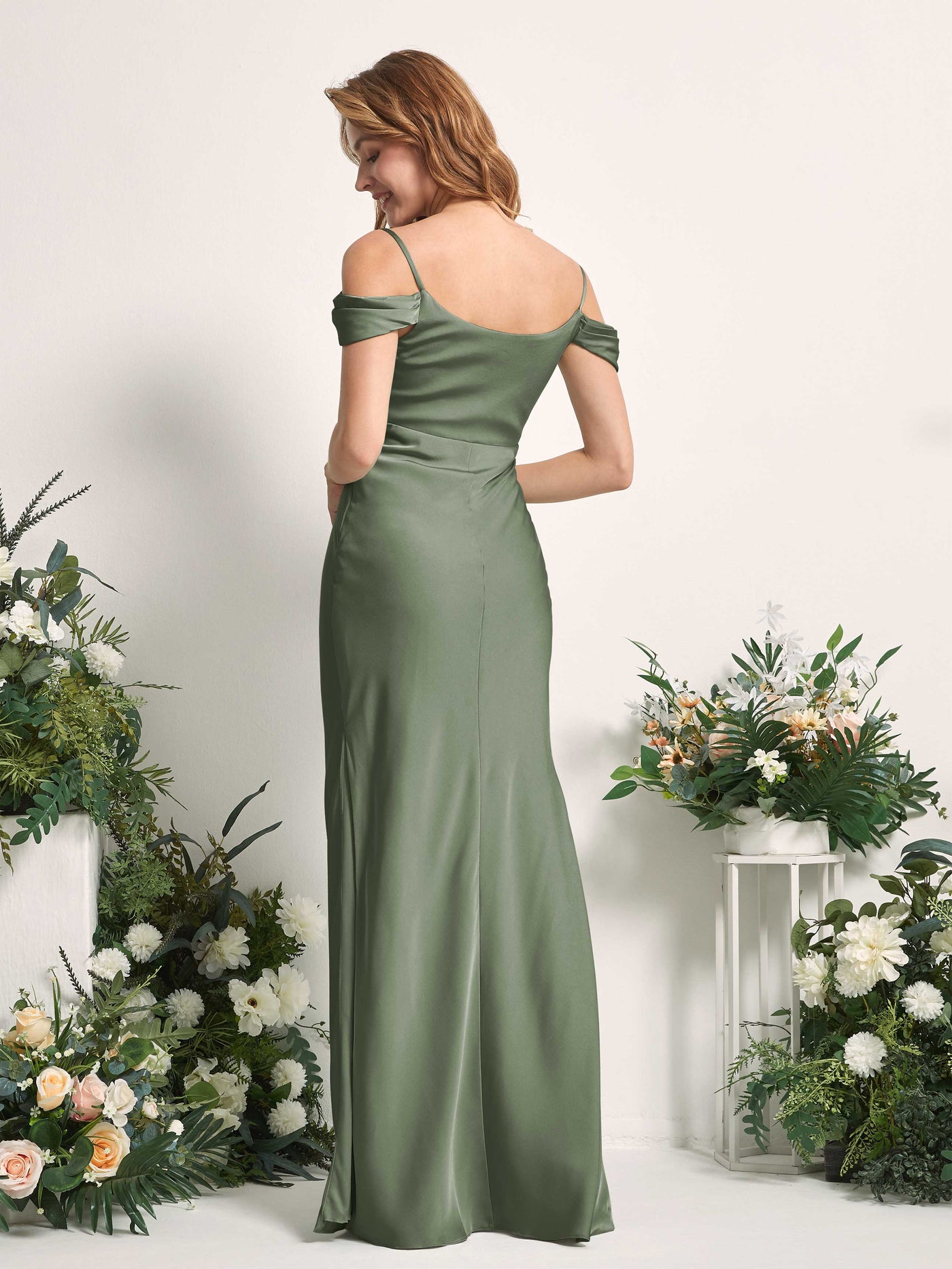 Green Olive Bridesmaid Dresses Bridesmaid Dress Mermaid/Trumpet Satin Off Shoulder Full Length Sleeveless Wedding Party Dress (80225370)#color_green-olive