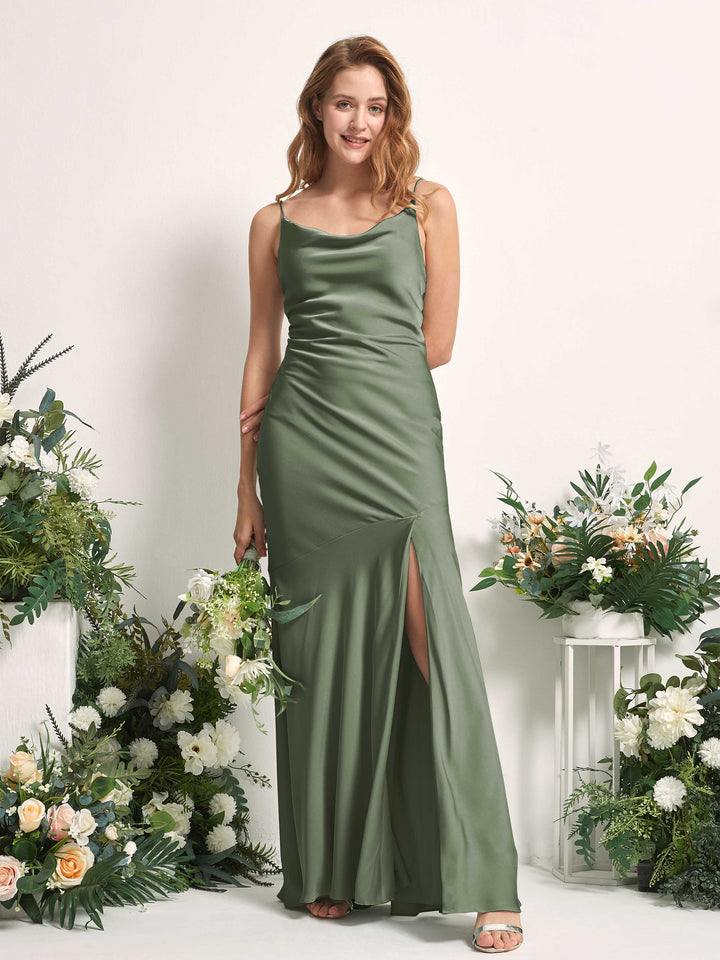 Green Olive Bridesmaid Dresses Bridesmaid Dress Mermaid/Trumpet Satin Spaghetti-straps Full Length Sleeveless Wedding Party Dress (80225670)
