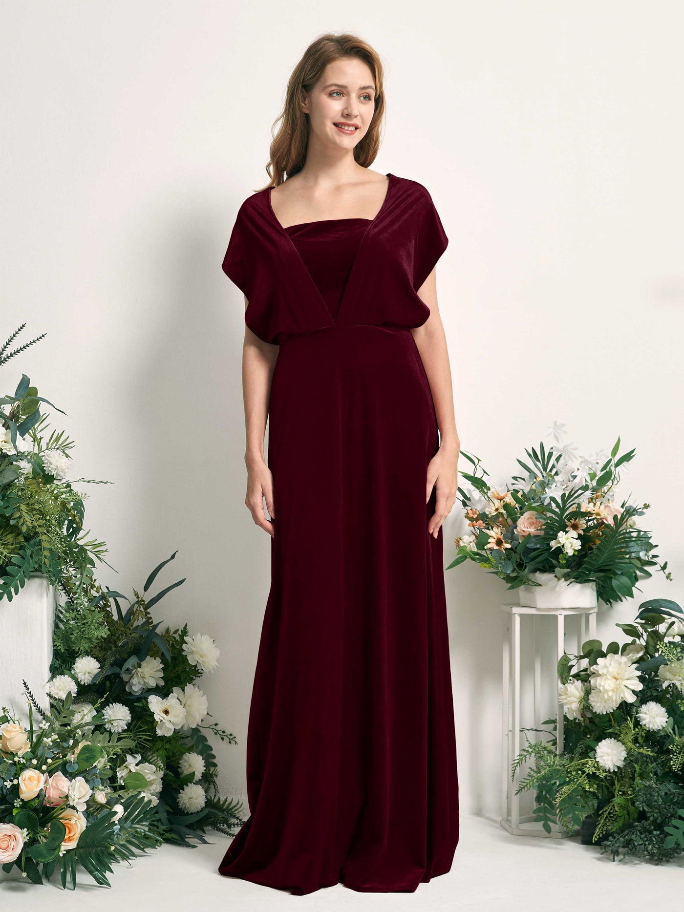 Burgundy Bridesmaid Dresses A-line Open back Convertible Straps Velvet Dresses (82220613)#color_burgundy