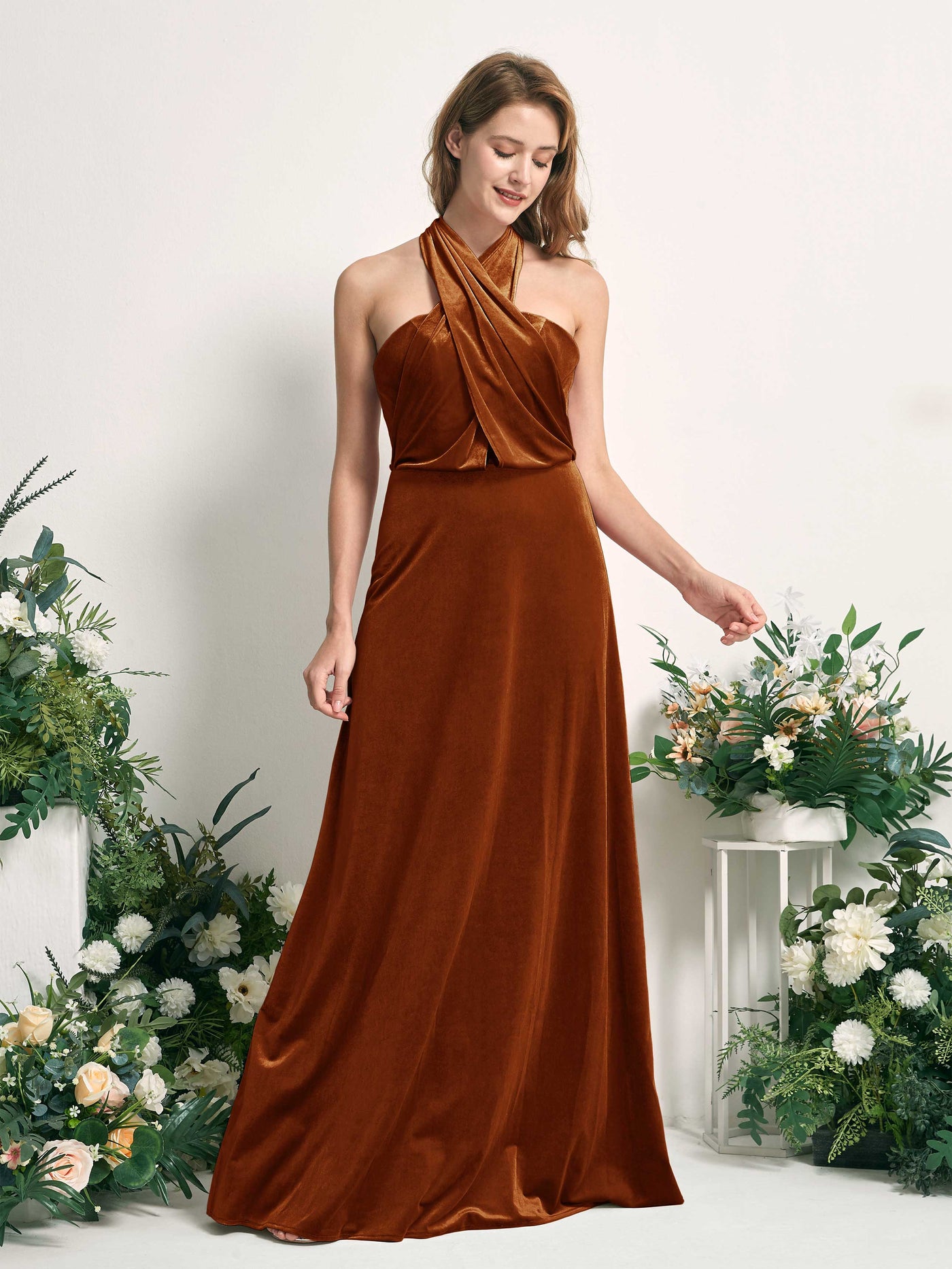 Burant Orange Bridesmaid Dresses A-line Open back Convertible Straps Velvet Dresses (82220622)#color_burant-orange