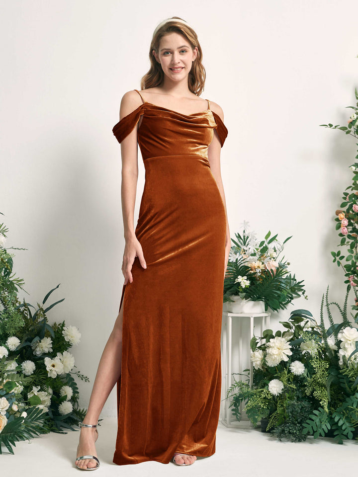 Burant Orange Bridesmaid Dresses Mermaid/Trumpet Sexy Slit Off Shoulder Velvet Dresses (82220222)