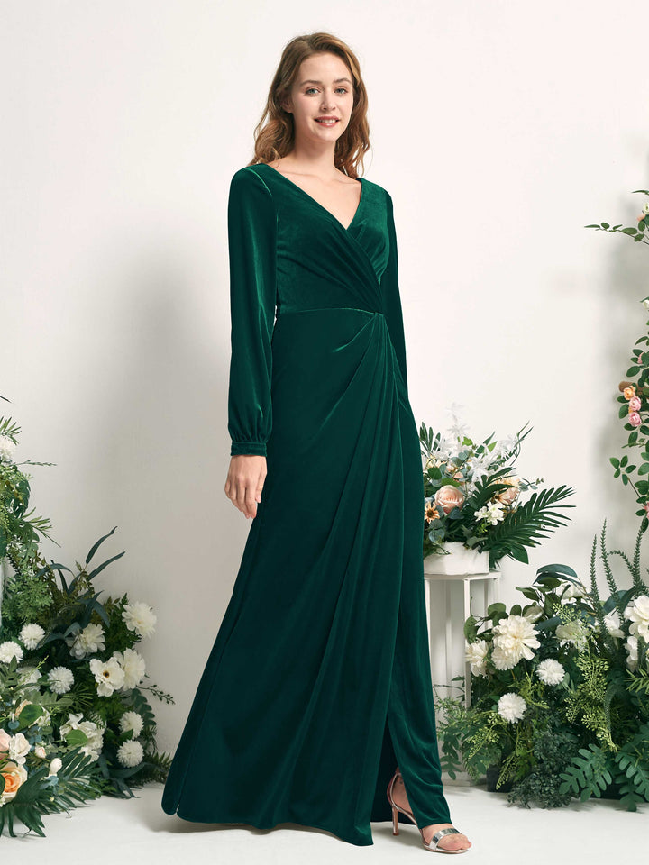 Hunter Green Bridesmaid Dresses A-line Sexy Slit V-neck Long Sleeves Velvet Dresses (82220127)