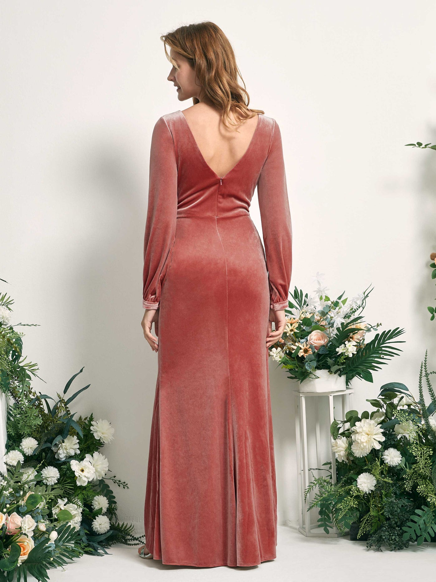 Dusty Rose Bridesmaid Dresses A-line Sexy Slit V-neck Long Sleeves Velvet Dresses (82220131)#color_dusty-rose