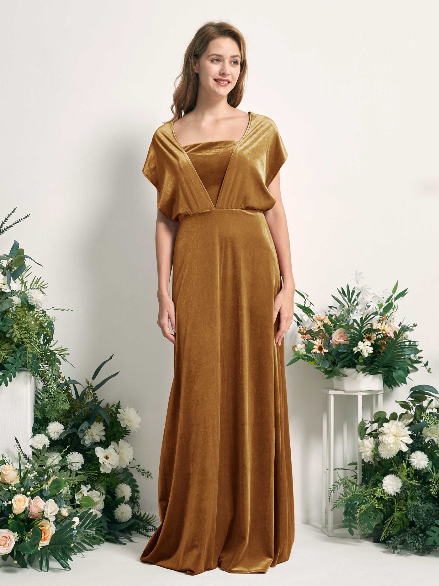 Burnished Gold Bridesmaid Dresses A-line Open back Convertible Straps Velvet Dresses (82220616)#color_burnished-gold