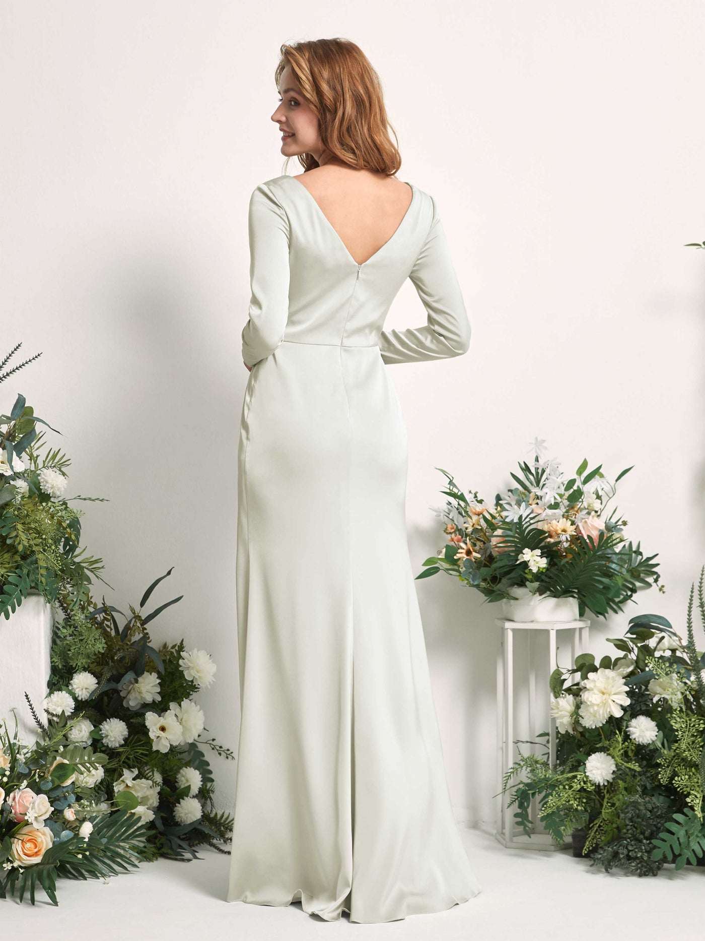 Ivory Bridesmaid Dresses Bridesmaid Dress A-line Satin V-neck Full Length Long Sleeves Wedding Party Dress (80225876)#color_ivory