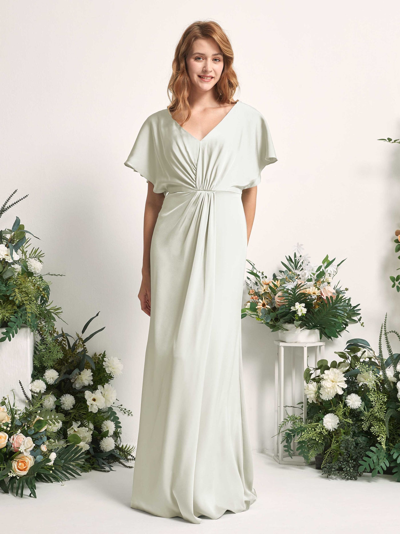 Ivory Bridesmaid Dresses Bridesmaid Dress A-line Satin V-neck Full Length Short Sleeves Wedding Party Dress (80225576)#color_ivory