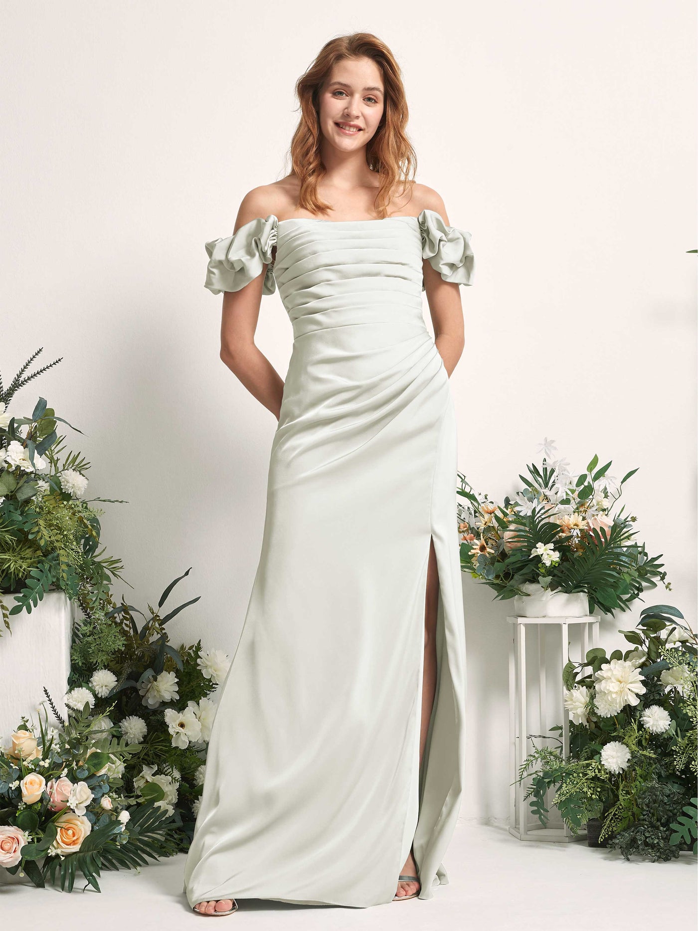 Ivory Bridesmaid Dresses Bridesmaid Dress A-line Satin Off Shoulder Full Length Short Sleeves Wedding Party Dress (80226476)#color_ivory