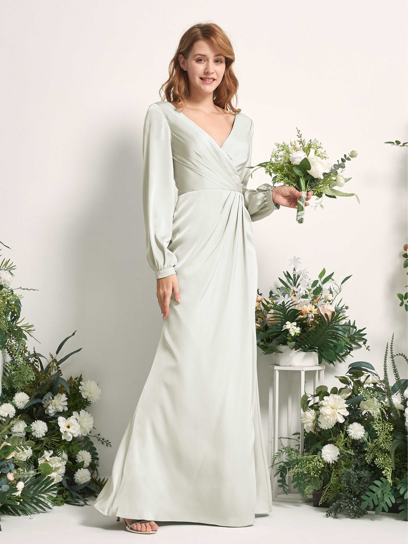 Ivory Bridesmaid Dresses Bridesmaid Dress Ball Gown Satin V-neck Full Length Long Sleeves Wedding Party Dress (80225176)#color_ivory