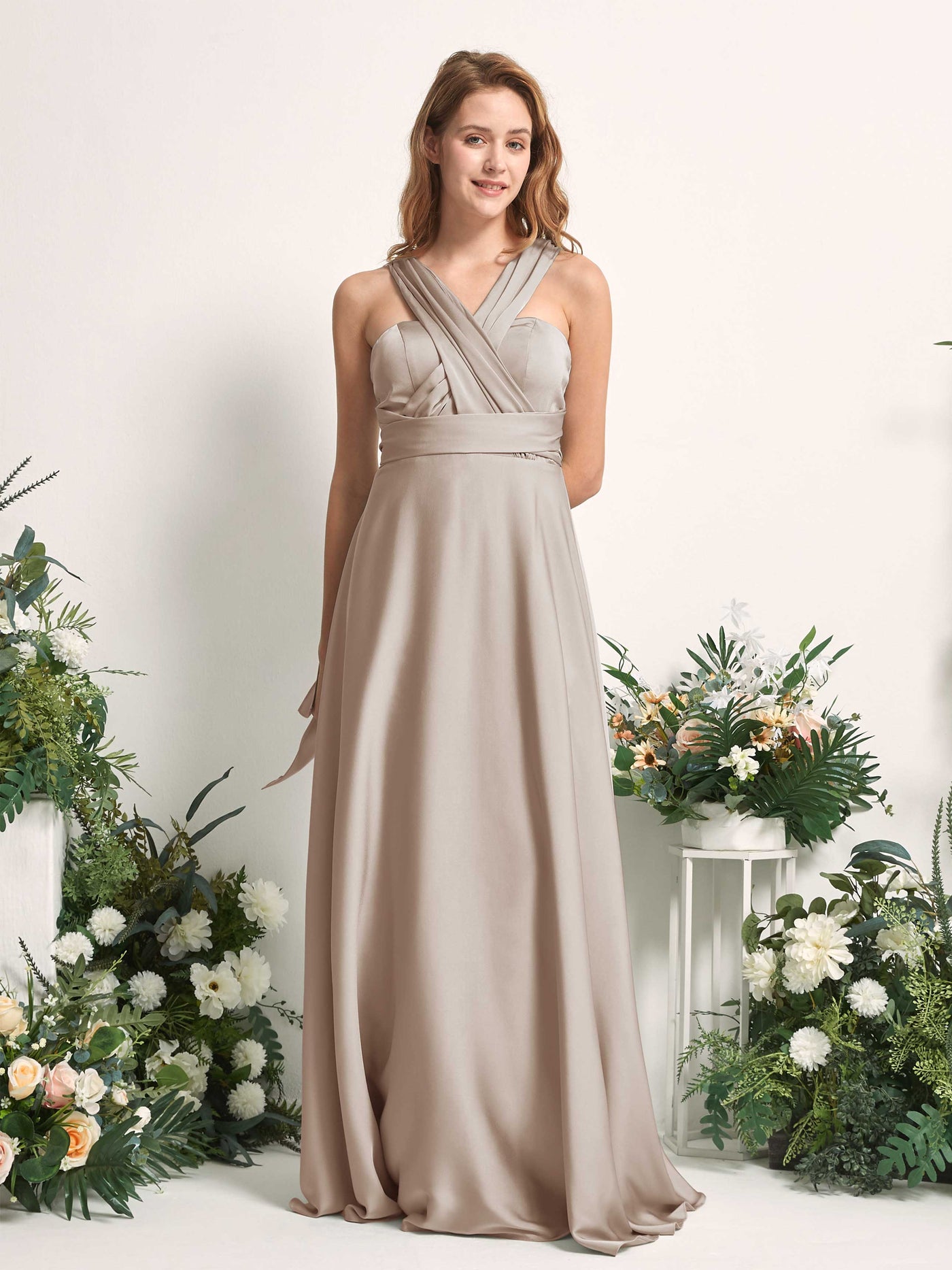 Taupe Bridesmaid Dresses Bridesmaid Dress A-line Satin Halter Full Length Short Sleeves Wedding Party Dress (81226402)#color_taupe