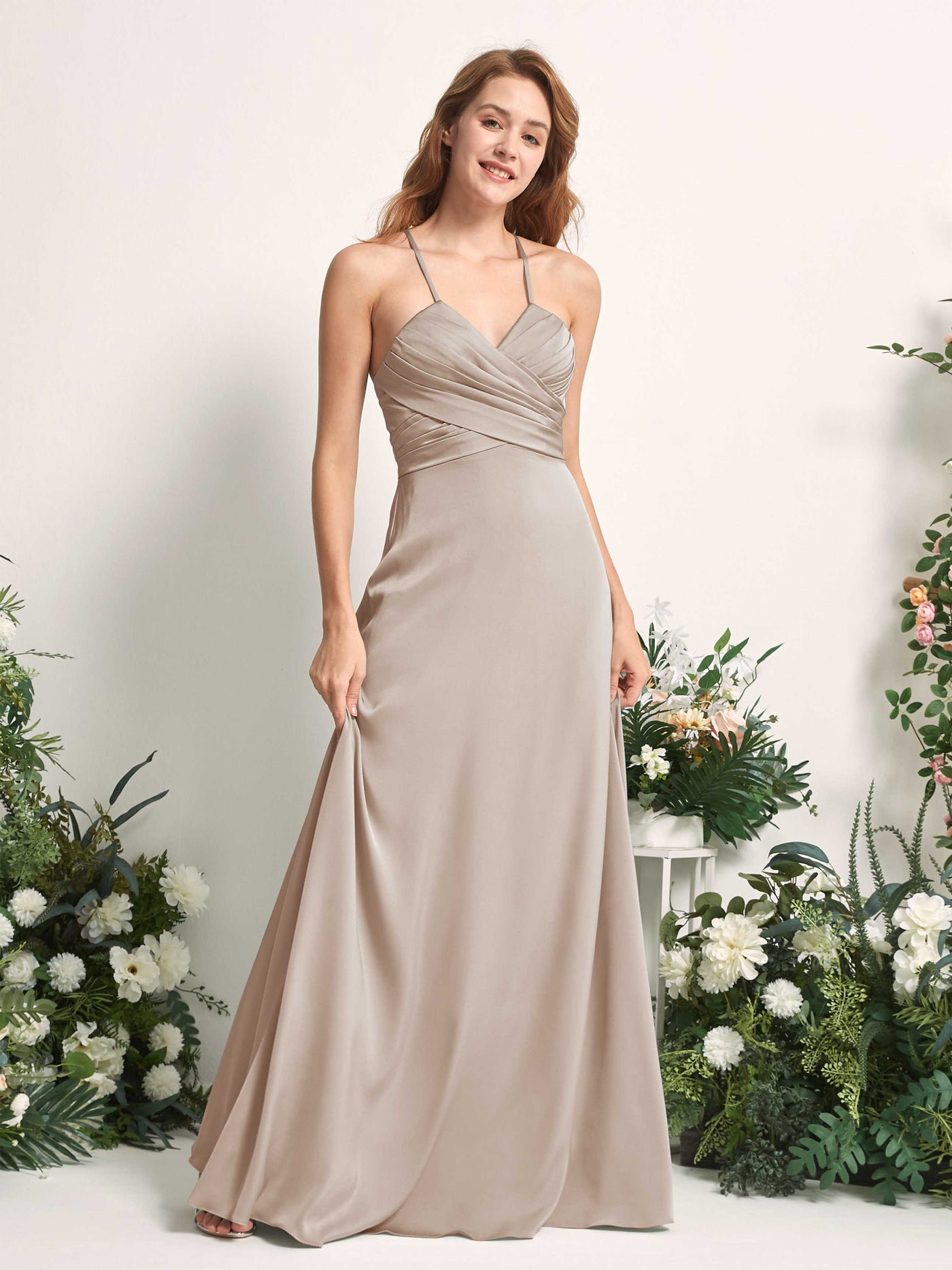 Taupe Bridesmaid Dresses Bridesmaid Dress A-line Satin Spaghetti-straps Full Length Sleeveless Wedding Party Dress (80225702)#color_taupe