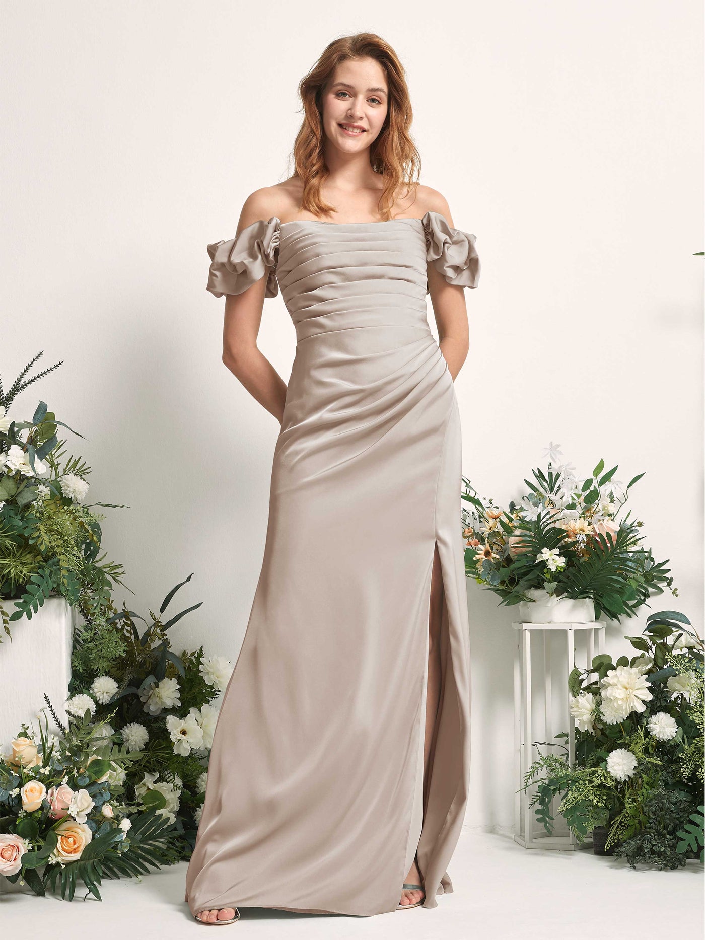 Taupe Bridesmaid Dresses Bridesmaid Dress A-line Satin Off Shoulder Full Length Short Sleeves Wedding Party Dress (80226402)#color_taupe