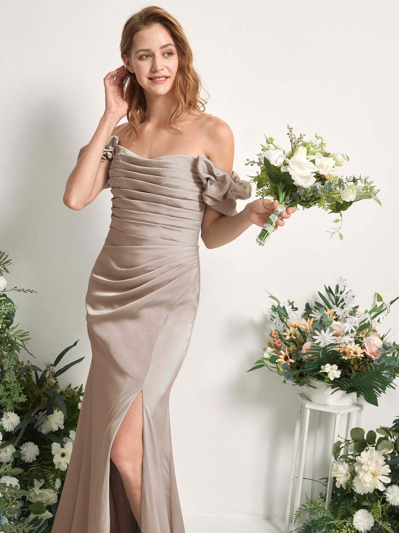 Taupe Bridesmaid Dresses Bridesmaid Dress A-line Satin Off Shoulder Full Length Short Sleeves Wedding Party Dress (80226402)#color_taupe