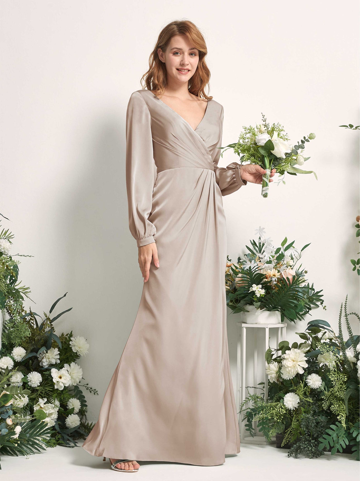 Taupe Bridesmaid Dresses Bridesmaid Dress Ball Gown Satin V-neck Full Length Long Sleeves Wedding Party Dress (80225102)#color_taupe