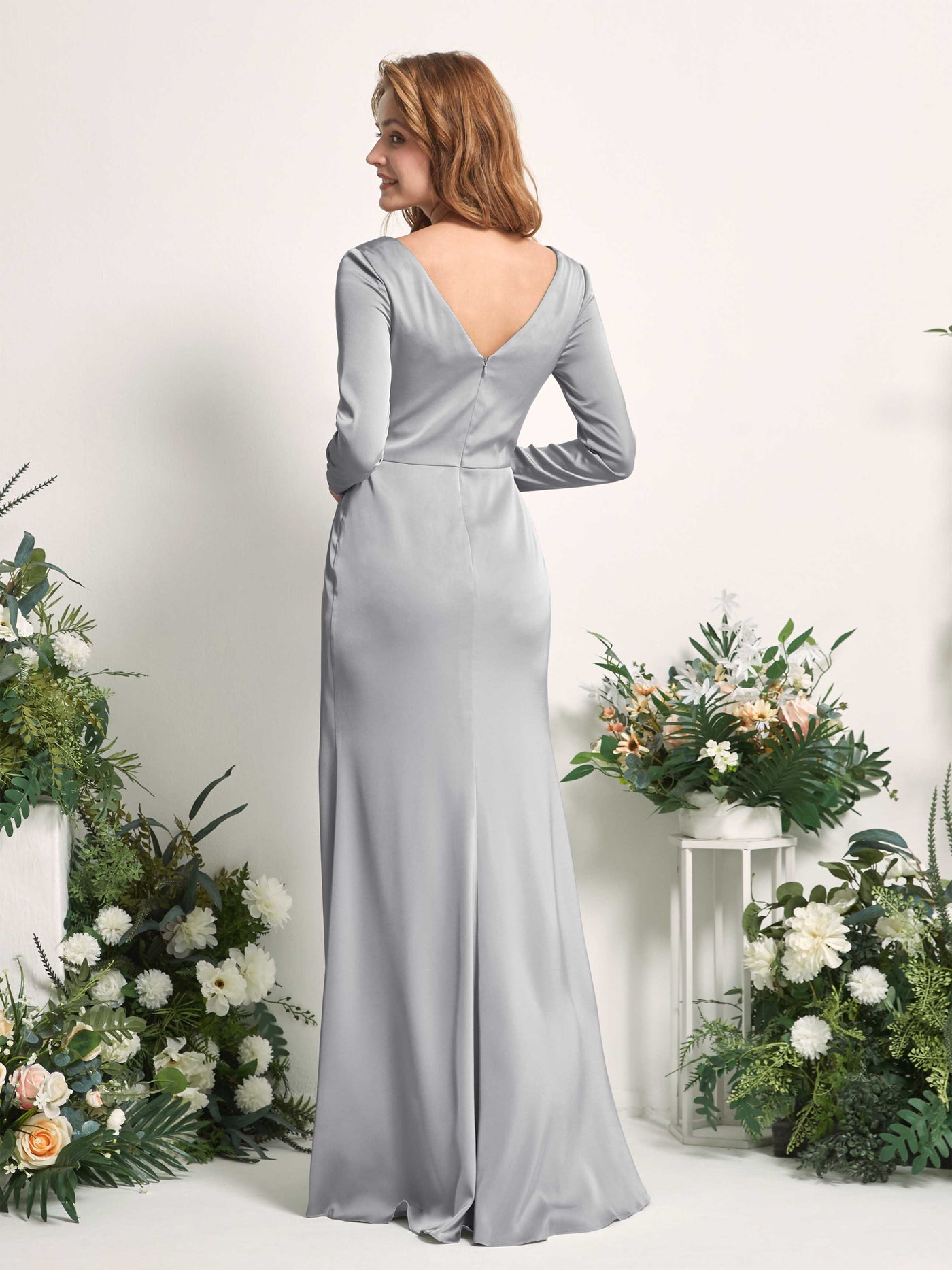 Dove Bridesmaid Dresses Bridesmaid Dress A-line Satin V-neck Full Length Long Sleeves Wedding Party Dress (80225811)#color_dove
