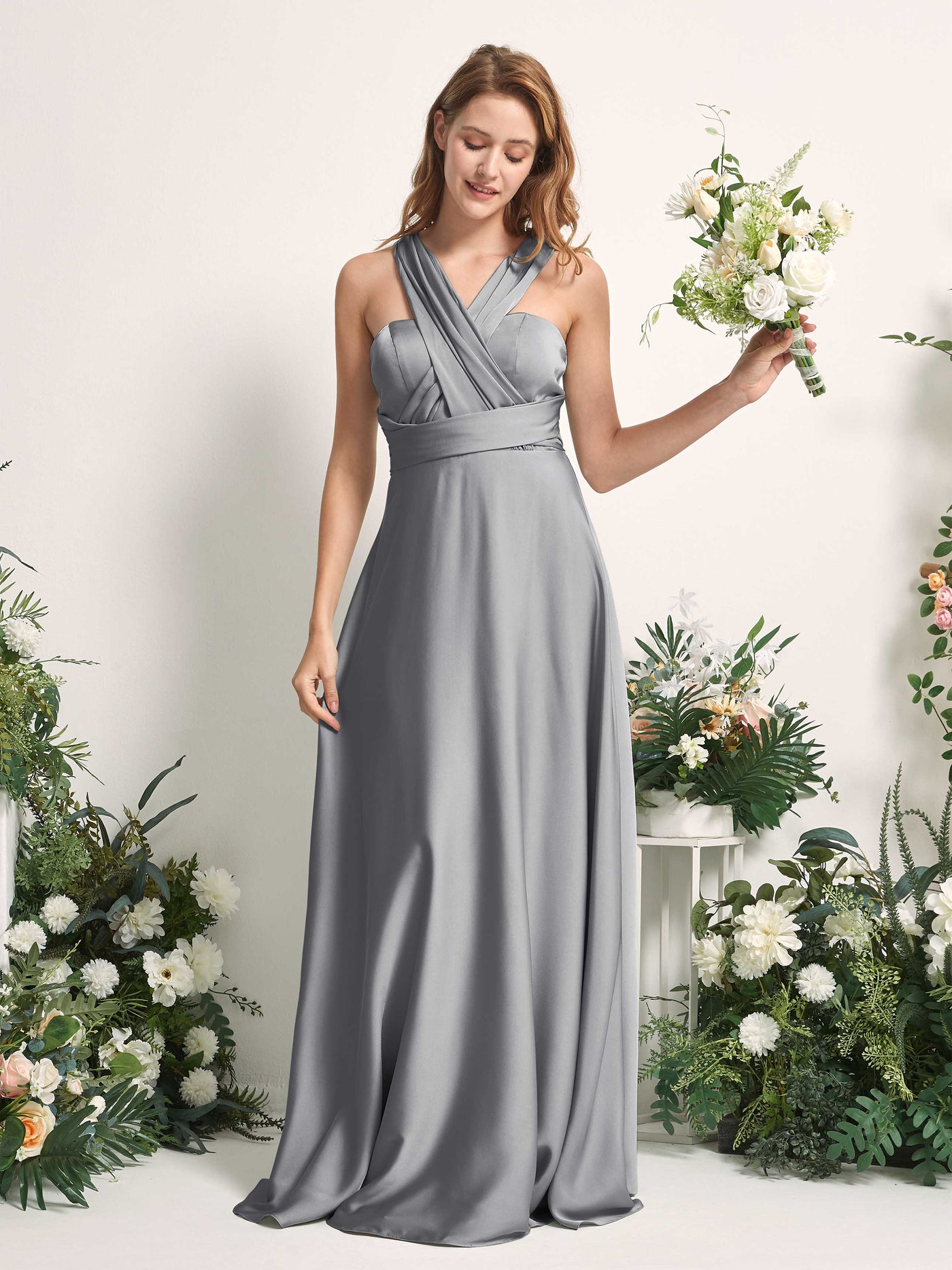 Steel Gray Bridesmaid Dresses Bridesmaid Dress A-line Satin Halter Full Length Short Sleeves Wedding Party Dress (81226407)#color_steel-gray