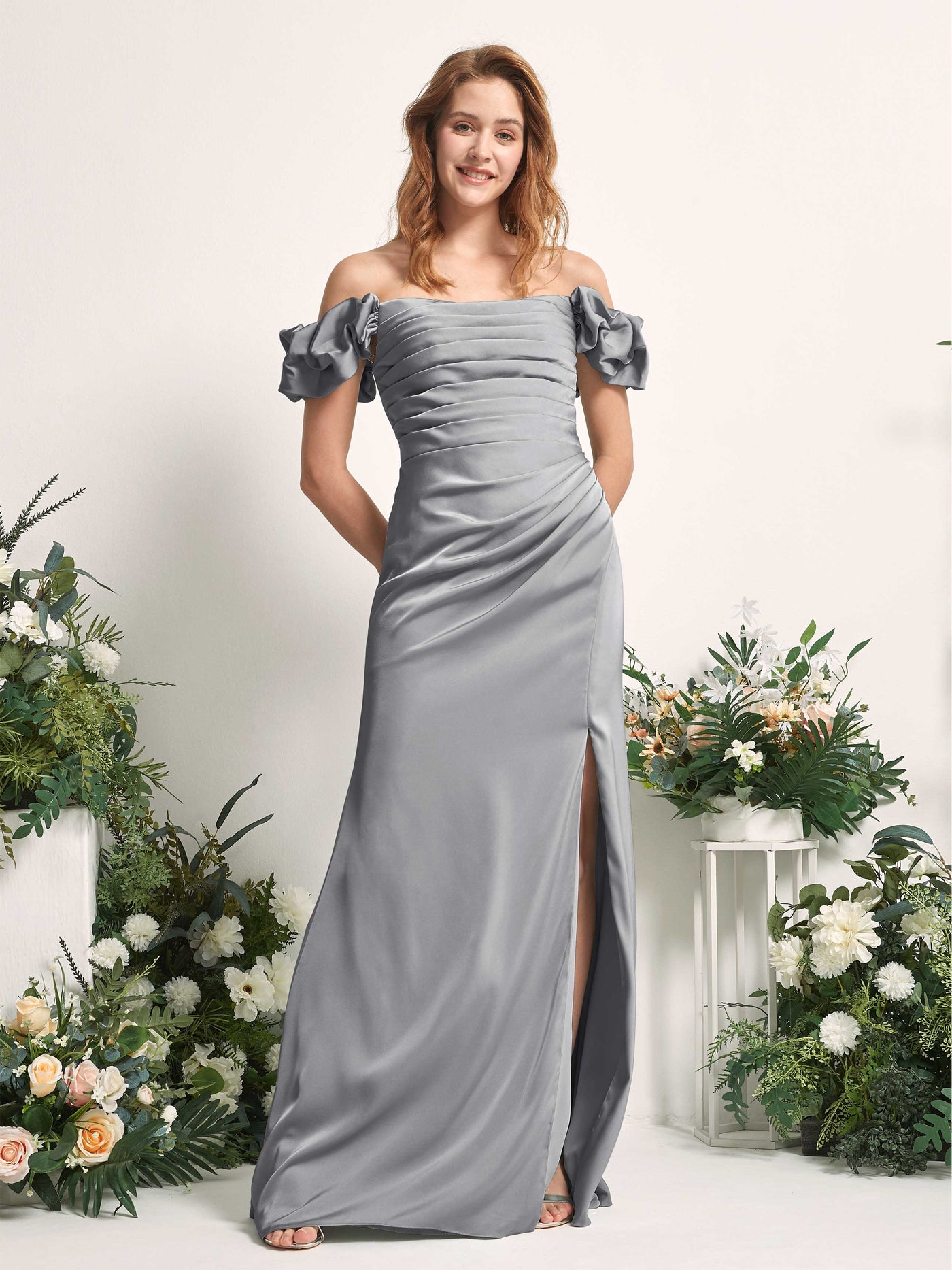 Steel Gray Bridesmaid Dresses Bridesmaid Dress A-line Satin Off Shoulder Full Length Short Sleeves Wedding Party Dress (80226407)#color_steel-gray