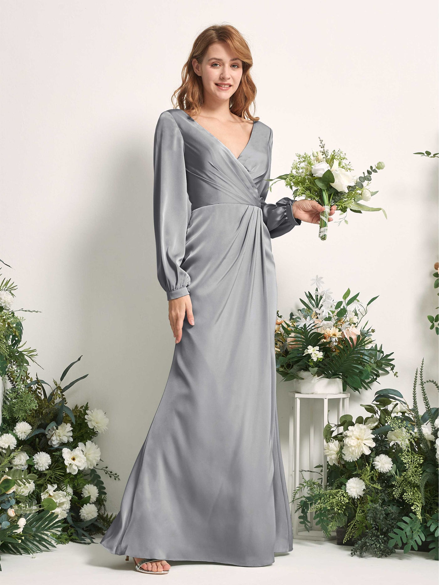 Steel Gray Bridesmaid Dresses Bridesmaid Dress Ball Gown Satin V-neck Full Length Long Sleeves Wedding Party Dress (80225107)#color_steel-gray