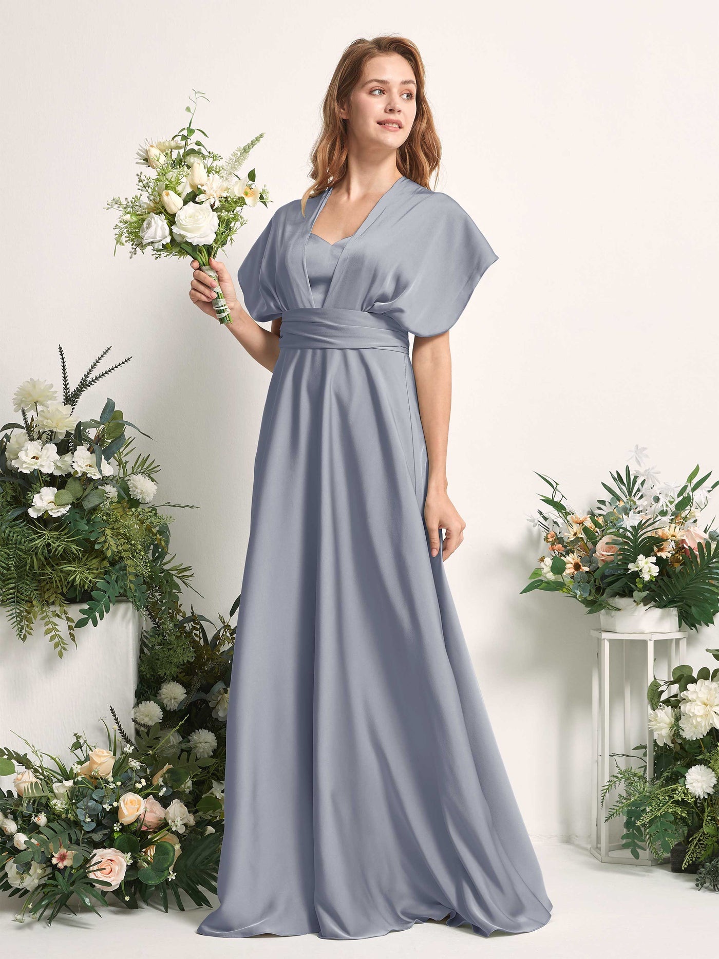 Dusty Blue Bridesmaid Dresses Bridesmaid Dress A-line Satin Halter Full Length Short Sleeves Wedding Party Dress (81226478)#color_dusty-blue