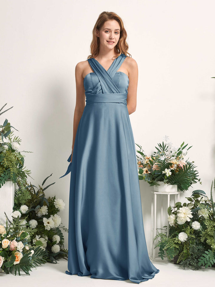 Ink blue Bridesmaid Dresses Bridesmaid Dress A-line Satin Halter Full Length Short Sleeves Wedding Party Dress (81226414)