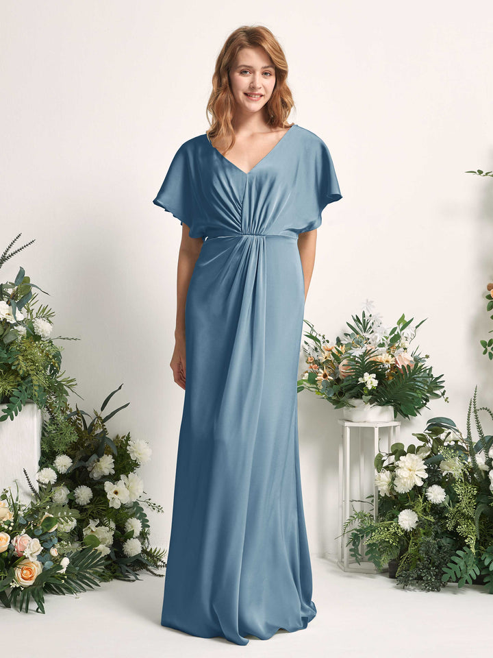 Ink blue Bridesmaid Dresses Bridesmaid Dress A-line Satin V-neck Full Length Short Sleeves Wedding Party Dress (80225514)