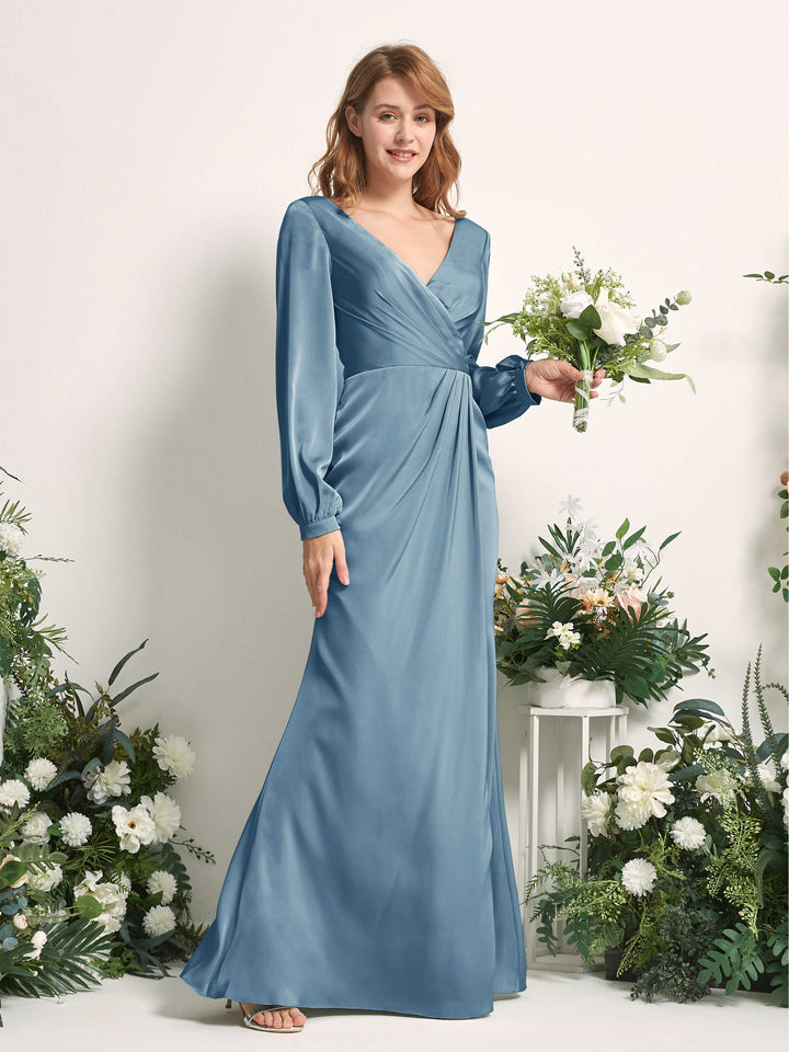 Ink blue Bridesmaid Dresses Bridesmaid Dress Ball Gown Satin V-neck Full Length Long Sleeves Wedding Party Dress (80225114)