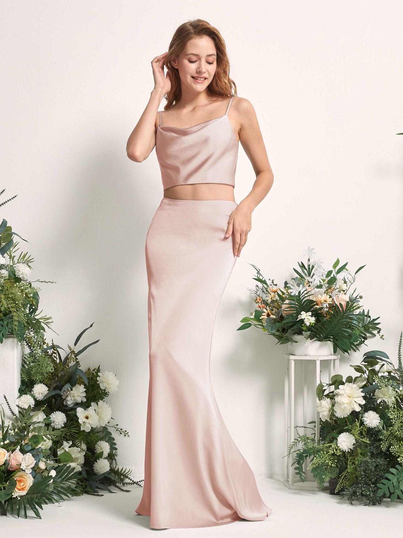 Pearl Pink Bridesmaid Dresses Bridesmaid Dress Mermaid/Trumpet Satin Spaghetti-straps Full Length Sleeveless Wedding Party Dress (80226210)#color_pearl-pink