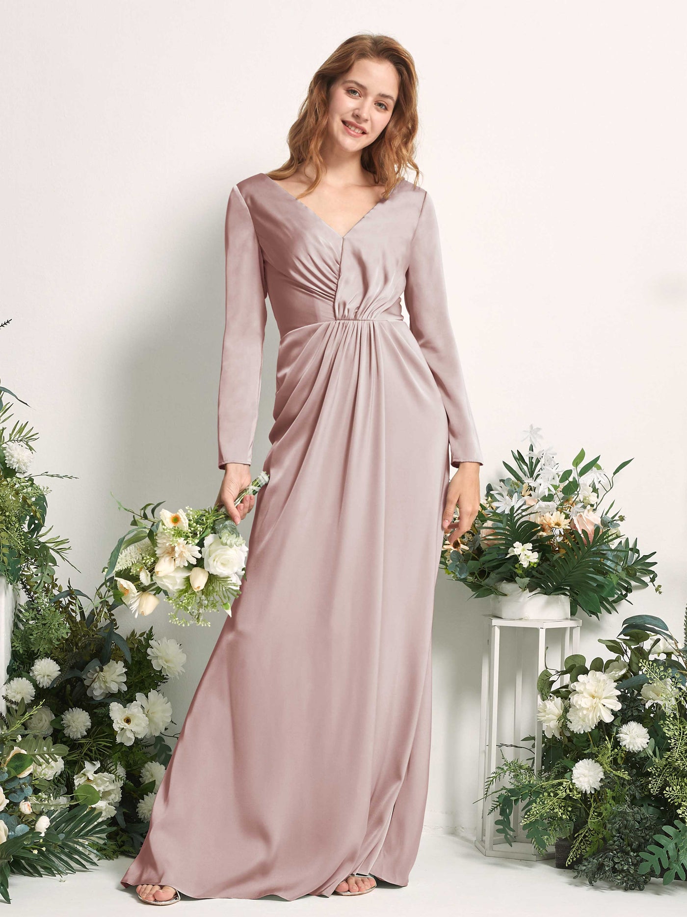 Dusty Rose Bridesmaid Dresses Bridesmaid Dress A-line Satin V-neck Full Length Long Sleeves Wedding Party Dress (80225854)#color_dusty-rose