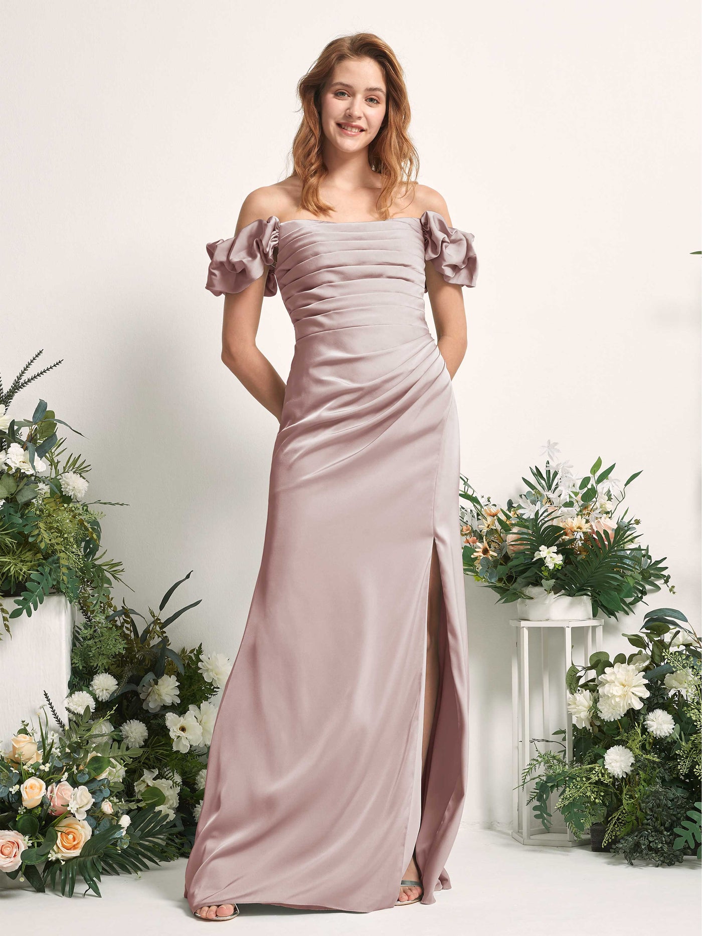 Dusty Rose Bridesmaid Dresses Bridesmaid Dress A-line Satin Off Shoulder Full Length Short Sleeves Wedding Party Dress (80226454)#color_dusty-rose
