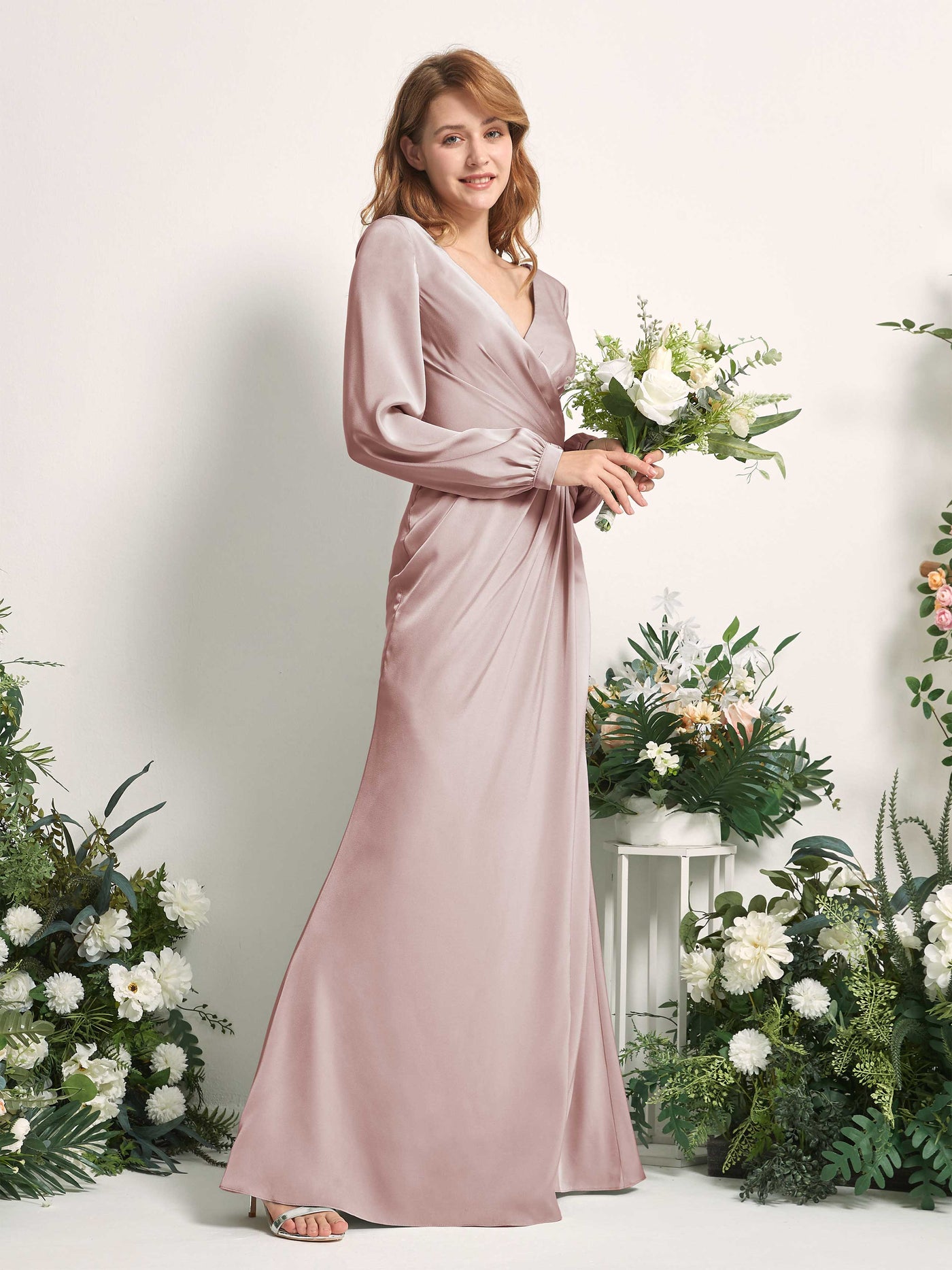 Dusty Rose Bridesmaid Dresses Bridesmaid Dress Ball Gown Satin V-neck Full Length Long Sleeves Wedding Party Dress (80225154)#color_dusty-rose