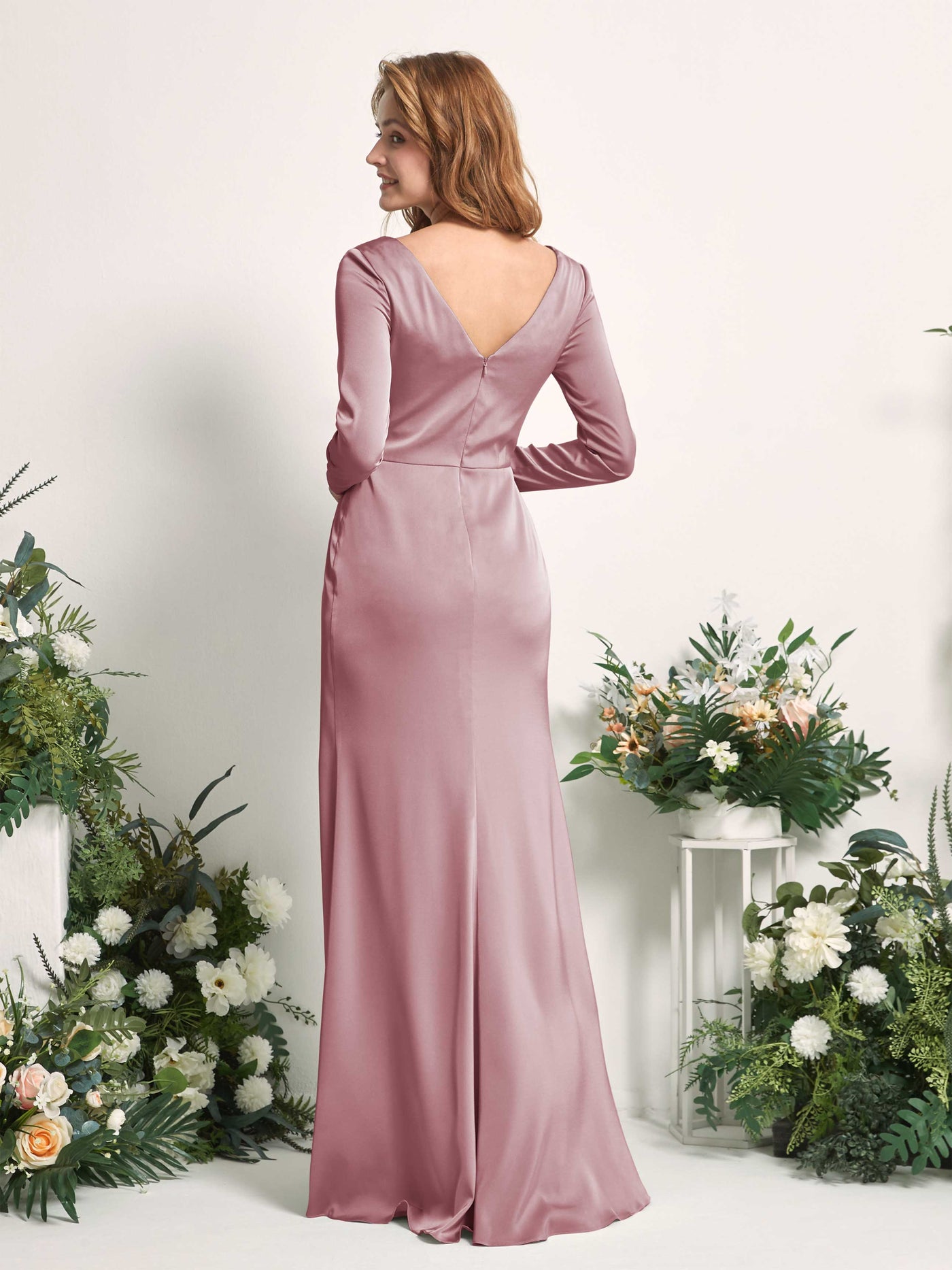 Rose Quartz Bridesmaid Dresses Bridesmaid Dress A-line Satin V-neck Full Length Long Sleeves Wedding Party Dress (80225866)#color_rose-quartz
