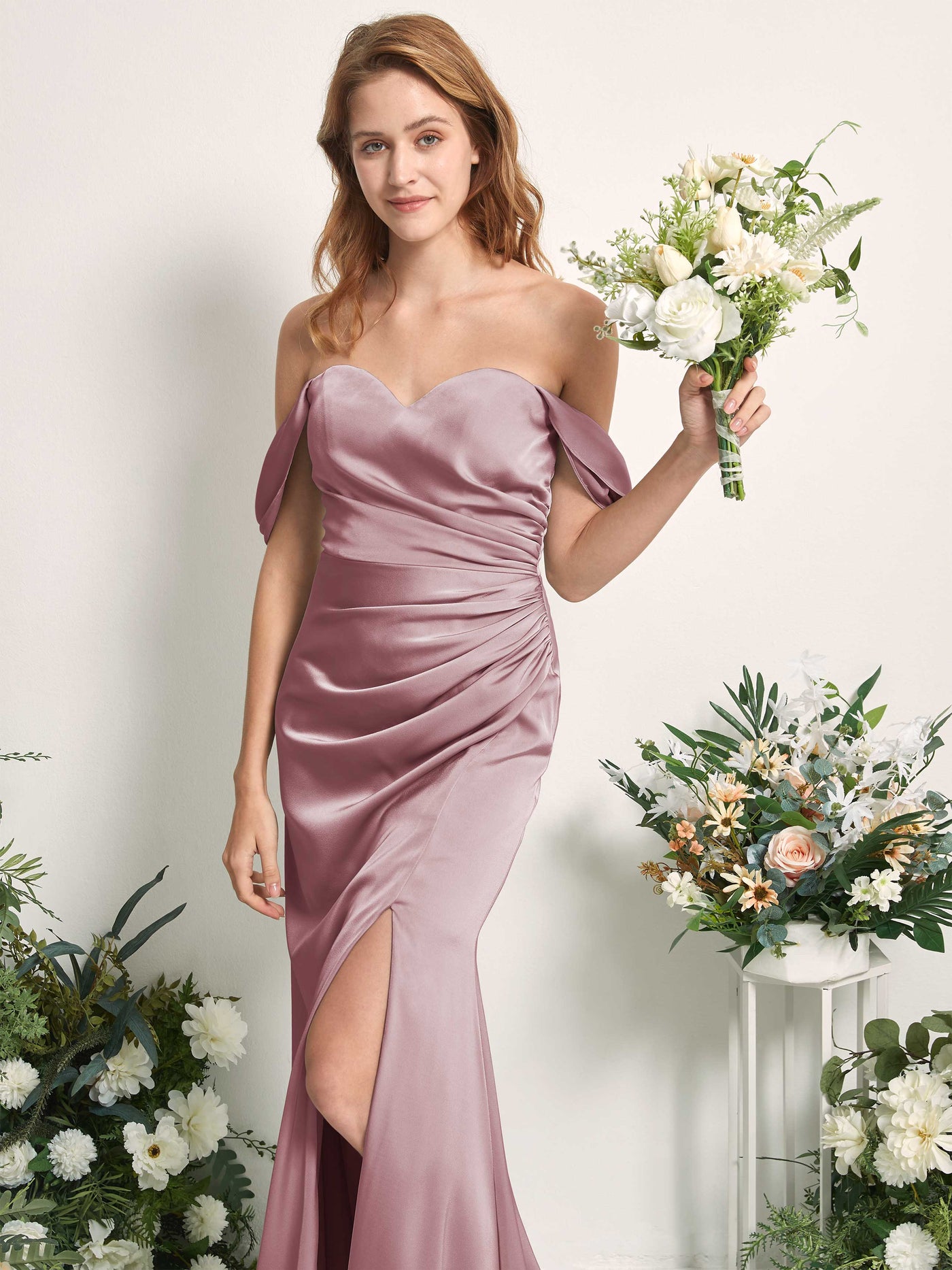 Rose Quartz Bridesmaid Dresses Bridesmaid Dress A-line Satin Off Shoulder Full Length Sleeveless Wedding Party Dress (80225266)#color_rose-quartz