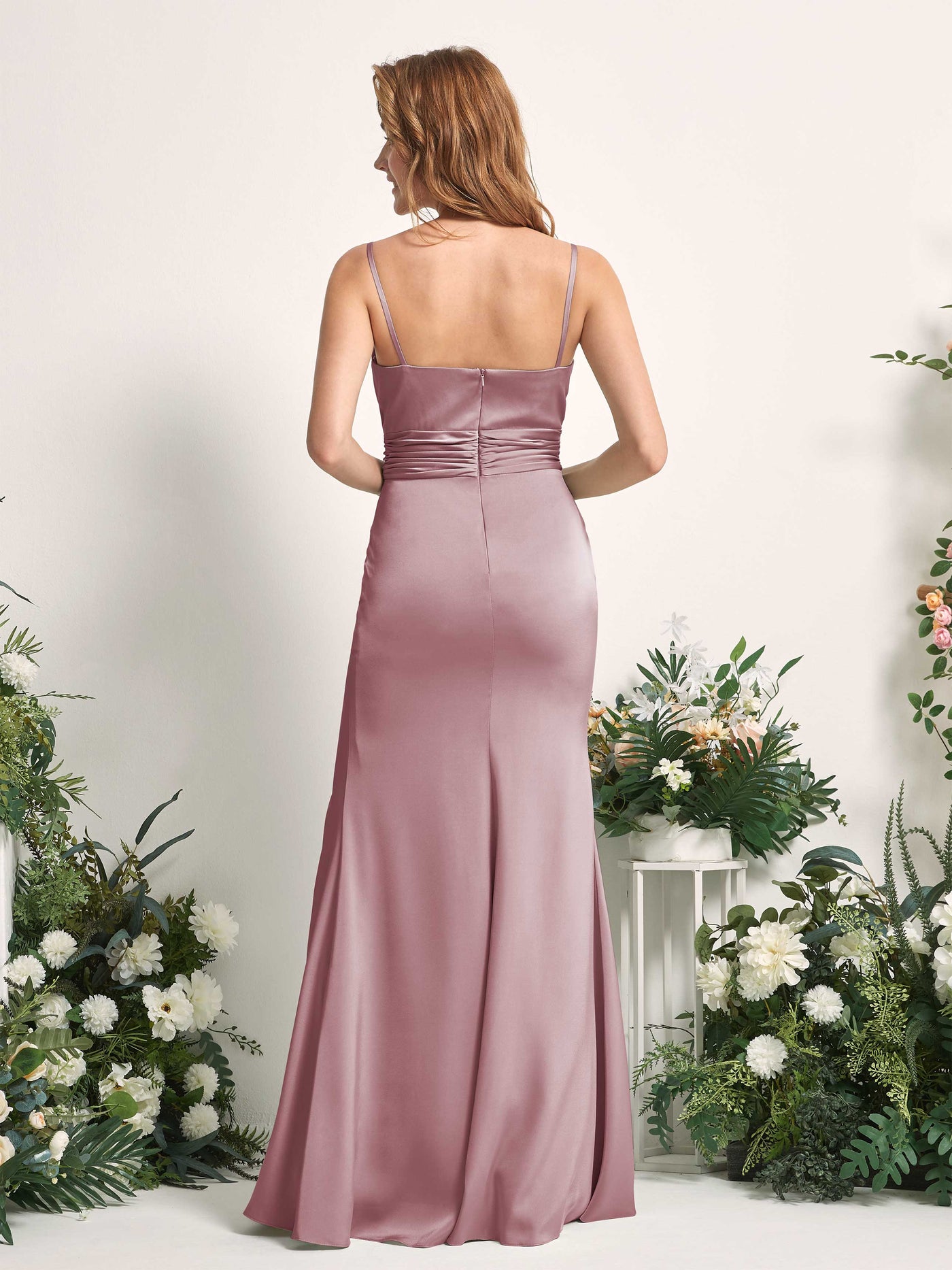 Rose Quartz Bridesmaid Dresses Bridesmaid Dress Mermaid/Trumpet Satin Spaghetti-straps Full Length Sleeveless Wedding Party Dress (80226366)#color_rose-quartz