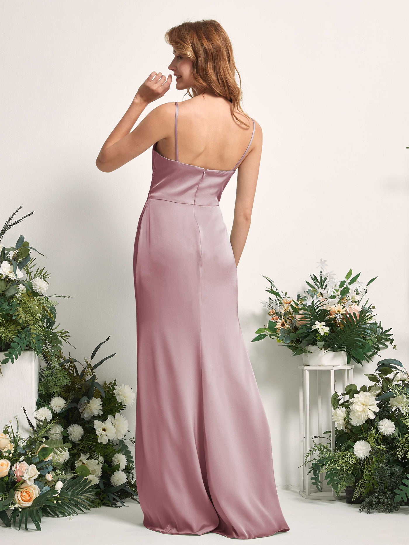 Rose Quartz Bridesmaid Dresses Bridesmaid Dress Mermaid/Trumpet Satin Spaghetti-straps Full Length Sleeveless Wedding Party Dress (80225966)#color_rose-quartz