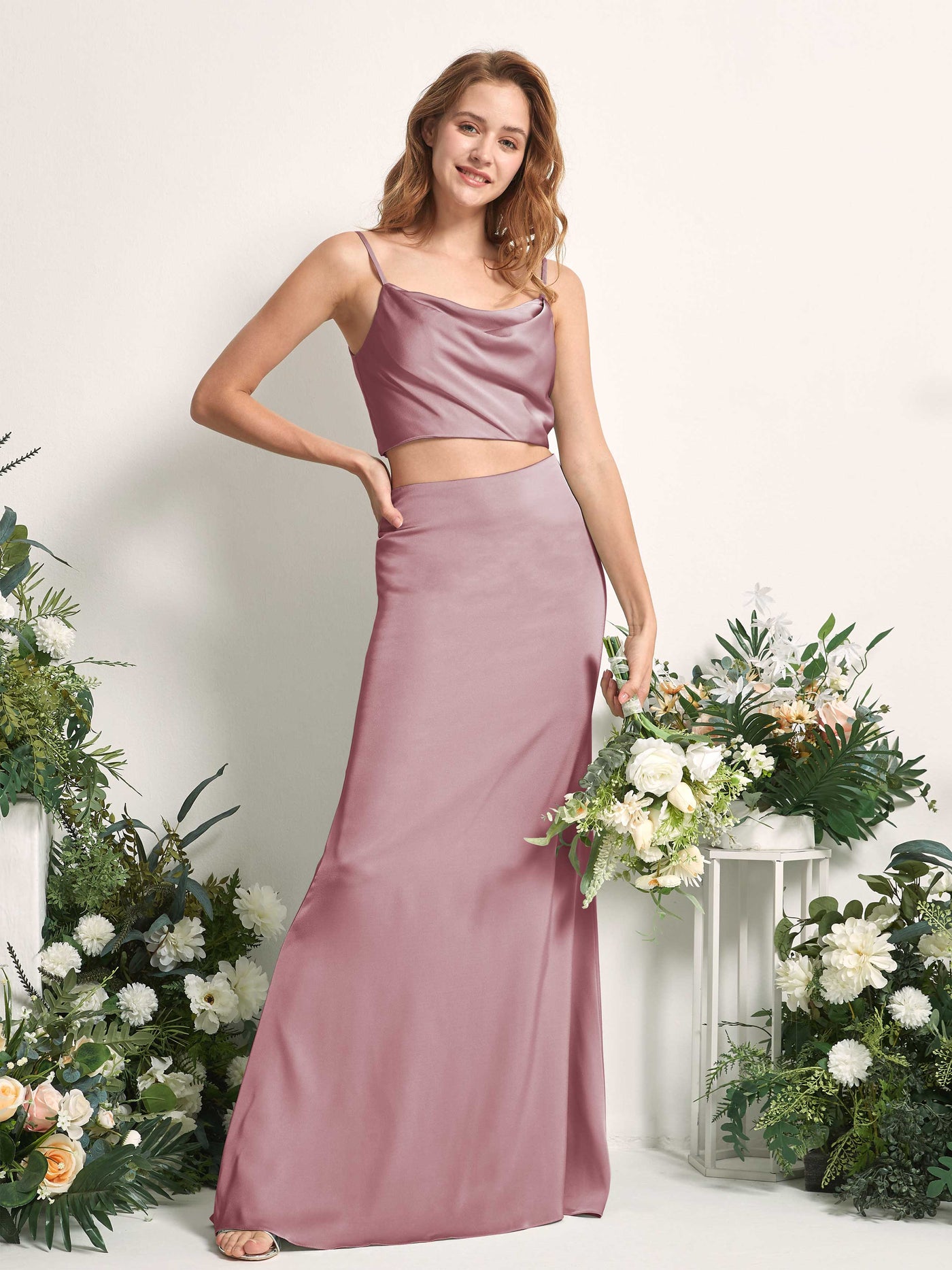 Rose Quartz Bridesmaid Dresses Bridesmaid Dress Mermaid/Trumpet Satin Spaghetti-straps Full Length Sleeveless Wedding Party Dress (80226266)#color_rose-quartz