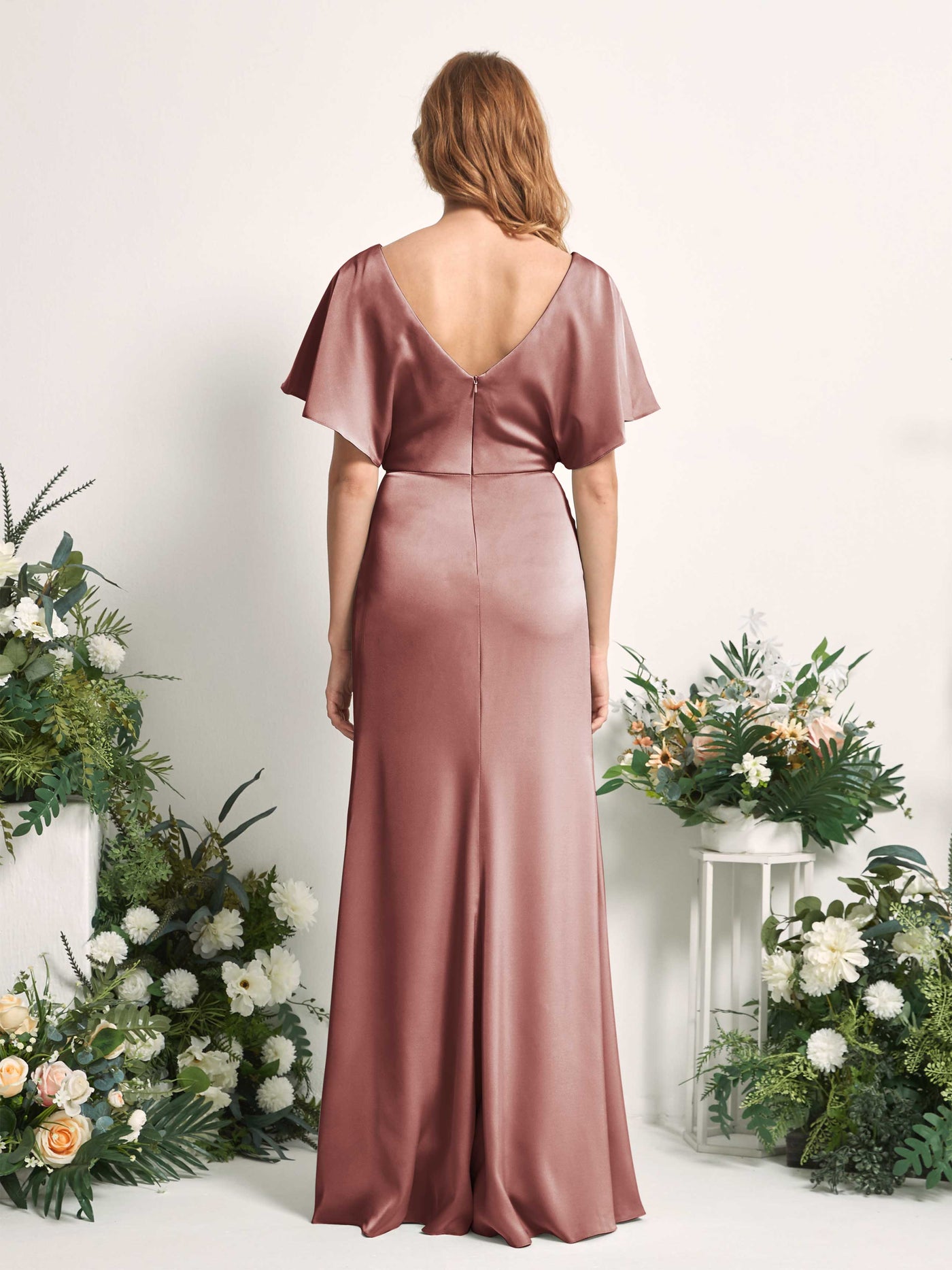 Desert Rose Bridesmaid Dresses Bridesmaid Dress A-line Satin V-neck Full Length Short Sleeves Wedding Party Dress (80225517)#color_desert-rose